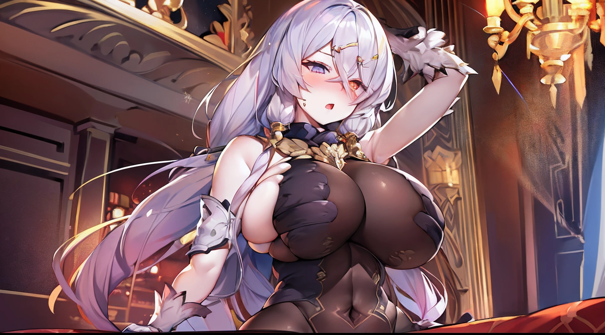 nsfw,((anime moe art style)),((​masterpiece)), (top-quality), (super detailing), illustratio, (((extremely delicate and beautiful))),dynamic ungle,Look at viewers,(((独奏))),((full bodyesbian))),((One arrogant woman belly dancing in royal bedroom))),(dance),(arrogant),(((Glistening))),(((red blush))),finerly detailed face, long eyeslashes,((OfficialOutfit, Default Clothing, bodysuit),bangs between the eyes,((((huge-breasted))))),Curvaceous、see -through、Beautiful and gorgeous gemstone ornaments、inside the house、light particules、Royal bedroom、