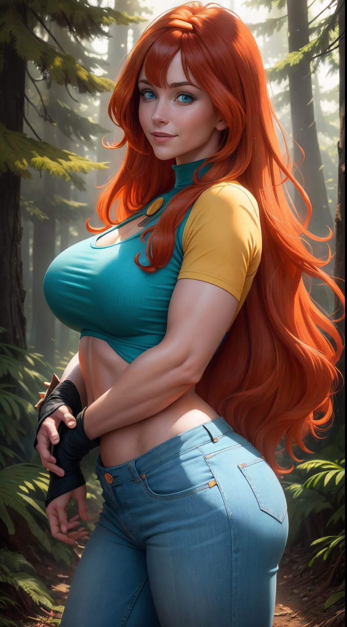 NSFW, hot, erotic, nude, red capturista, carrying a basket on his arm, with a red hood, Perfect face, perfect body, Ultra details on beautiful face, Hair to the wind, ultra details, 8k, closeup on her big round breasts, in the background a forest