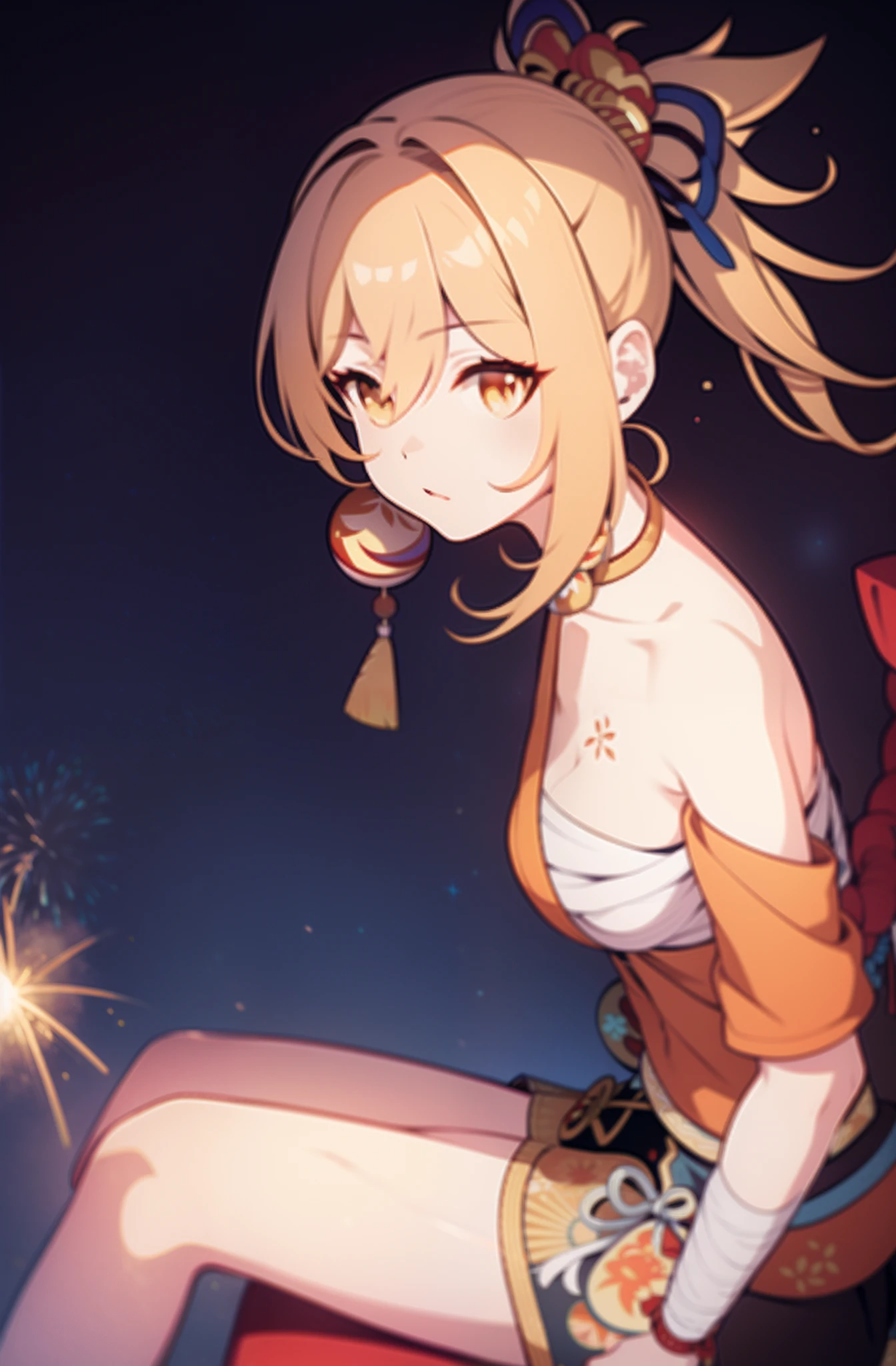 fireworks pattern, night background,yoimiya from genshin impact, casual outfit, facing sideway, sitting, circle in the middle,