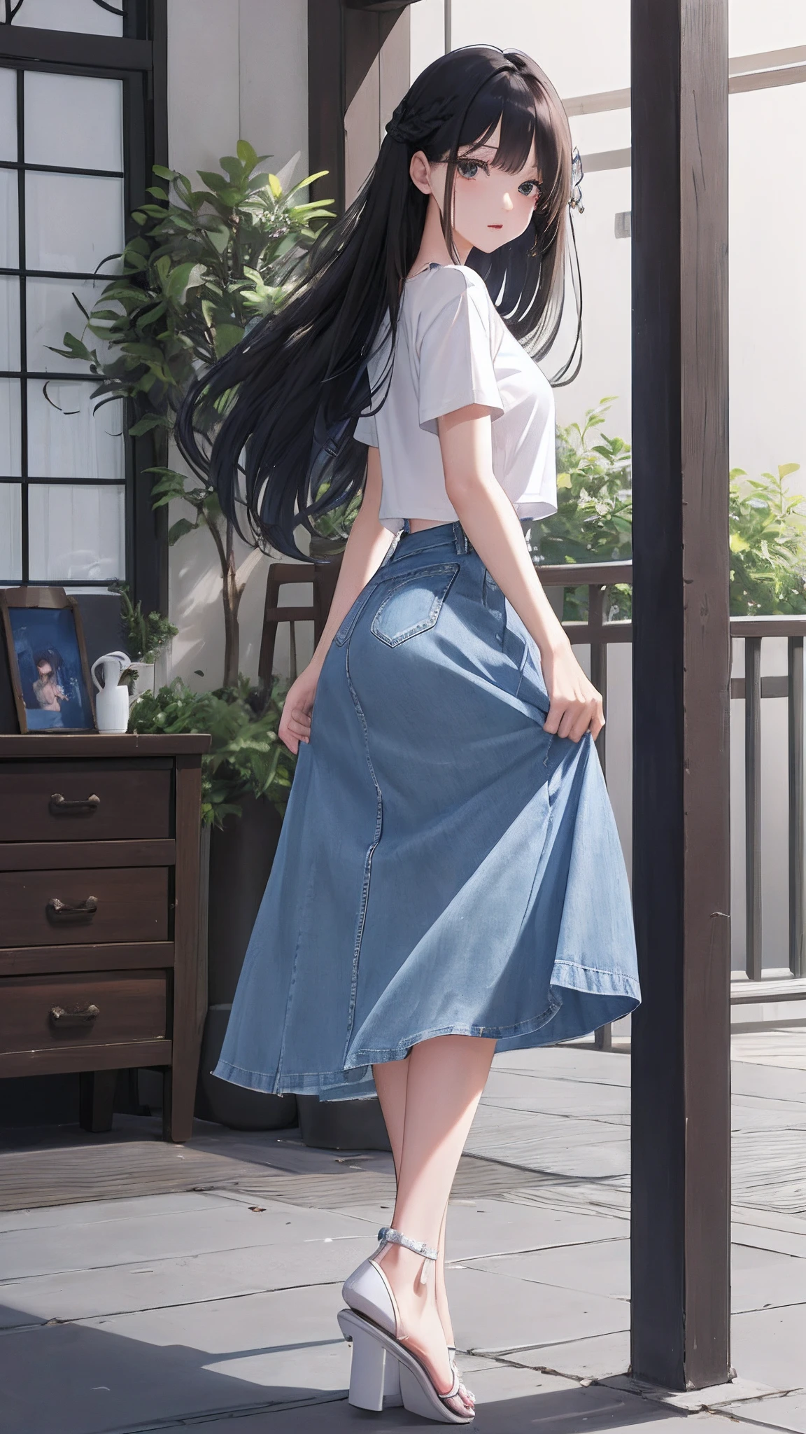 (masutepiece), (Best Quality), {girl|Lady}, Looking at Viewer, {day|Night}, {Indoors|Outdoors},
long cream hair、Sharp face、white t-shirts、Blue Denim Long Skirt、White platform sandals、pin heels、Seductive facial expressions, (Sexy Girl), Dark hair color
