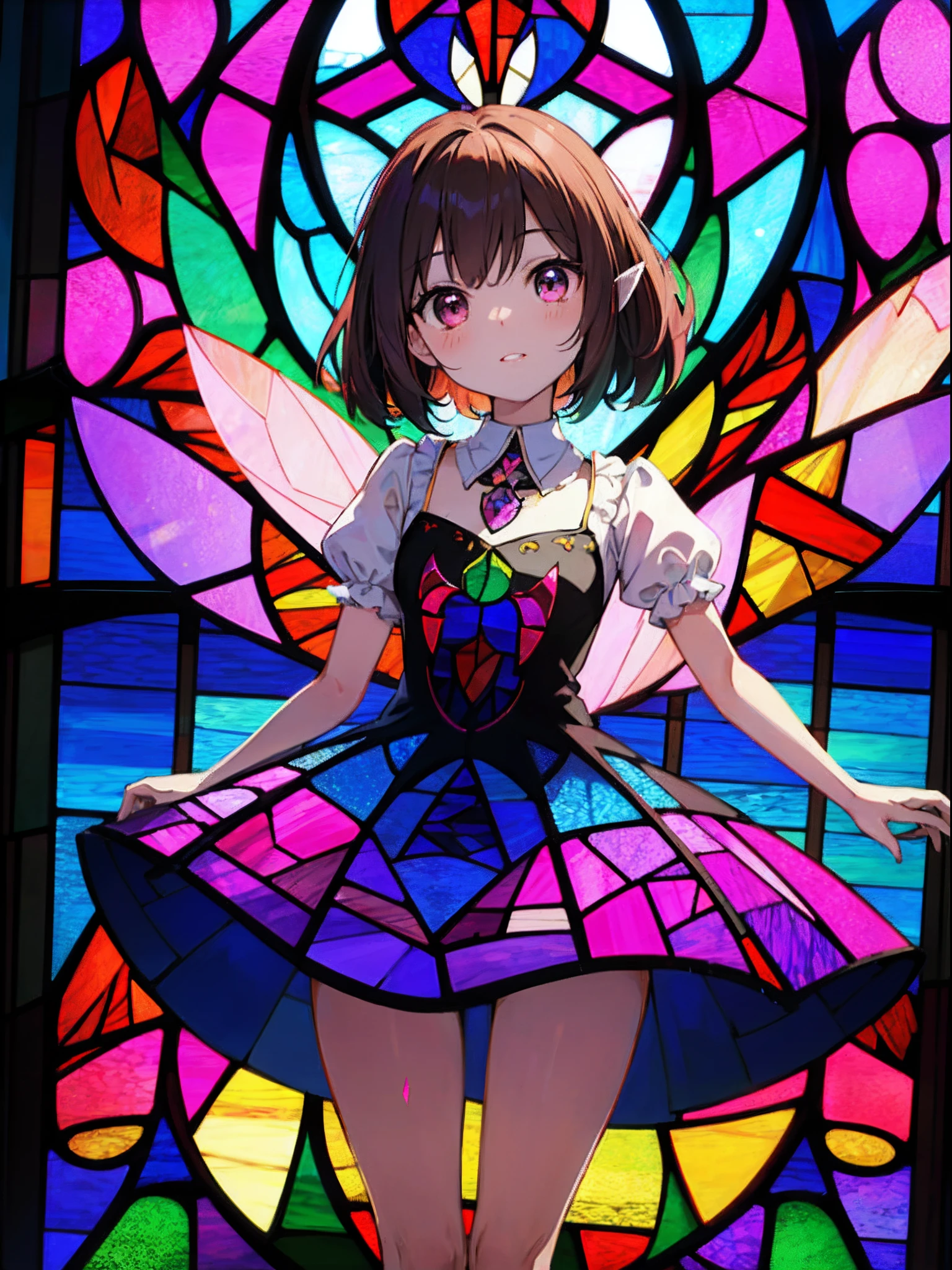 chibi, kawaii, tiny, Barbie doll, (Wearing fairy wings of stained glass material:1.5), Highly detailed drawings. Vivid colors. High image quality.