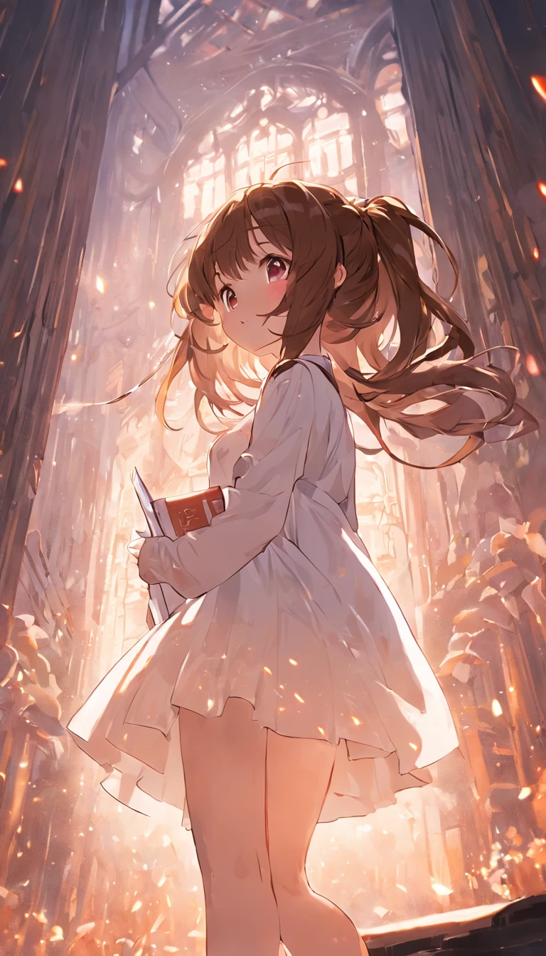 Brown hair、girl with、read a book、ite person、White Dress、long eyeslashes、silhuette、full bodyesbian、poneyTail、a miniskirt