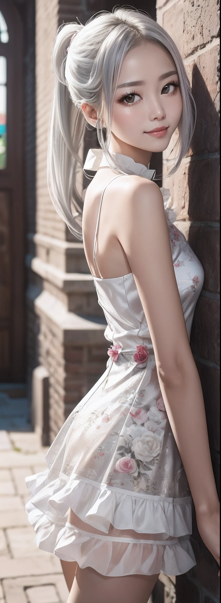 long layered silvery white hair,High ponytail,Delicate and bright hair color,Delicate and perfect face,The corners of the eyes are slightly red,ssmile,upturned corners of the mouth,Peony pattern cheongsam design,Raised skirt,Delicate long legs,The skin texture is delicate,leaning back against the wall,Cinematic gloss,Best quality photos 16k high resolution。
nvinkpunk
