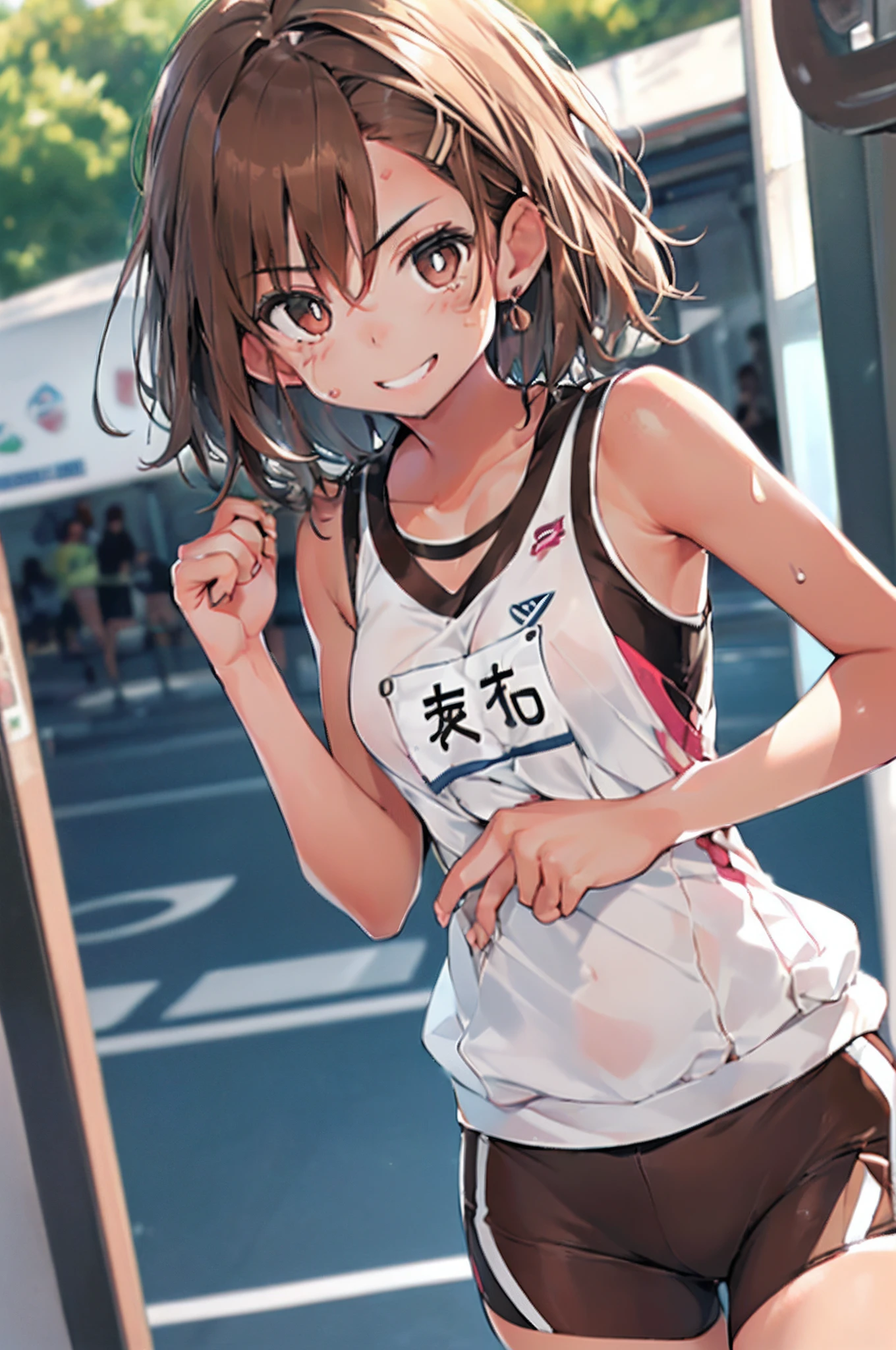 top-quality　Misaka Mikoto　 School Bra　Beige shorts　　　　Cool look　　small tits　　１６age　　in the room　sexypose　Miwaki　Armpit sweat　sodden　　Ecstasy face((masutepiece)), (1 girl:2.0), (extra detailed face, Smiling), Short haircut, Brown hair, Petite, (Thin Build), (a japanese girl), ((Athletics Club Member, Long-distance runner)), Slightly round face, (Tanned brown face:1.6), Cute, Big eyes