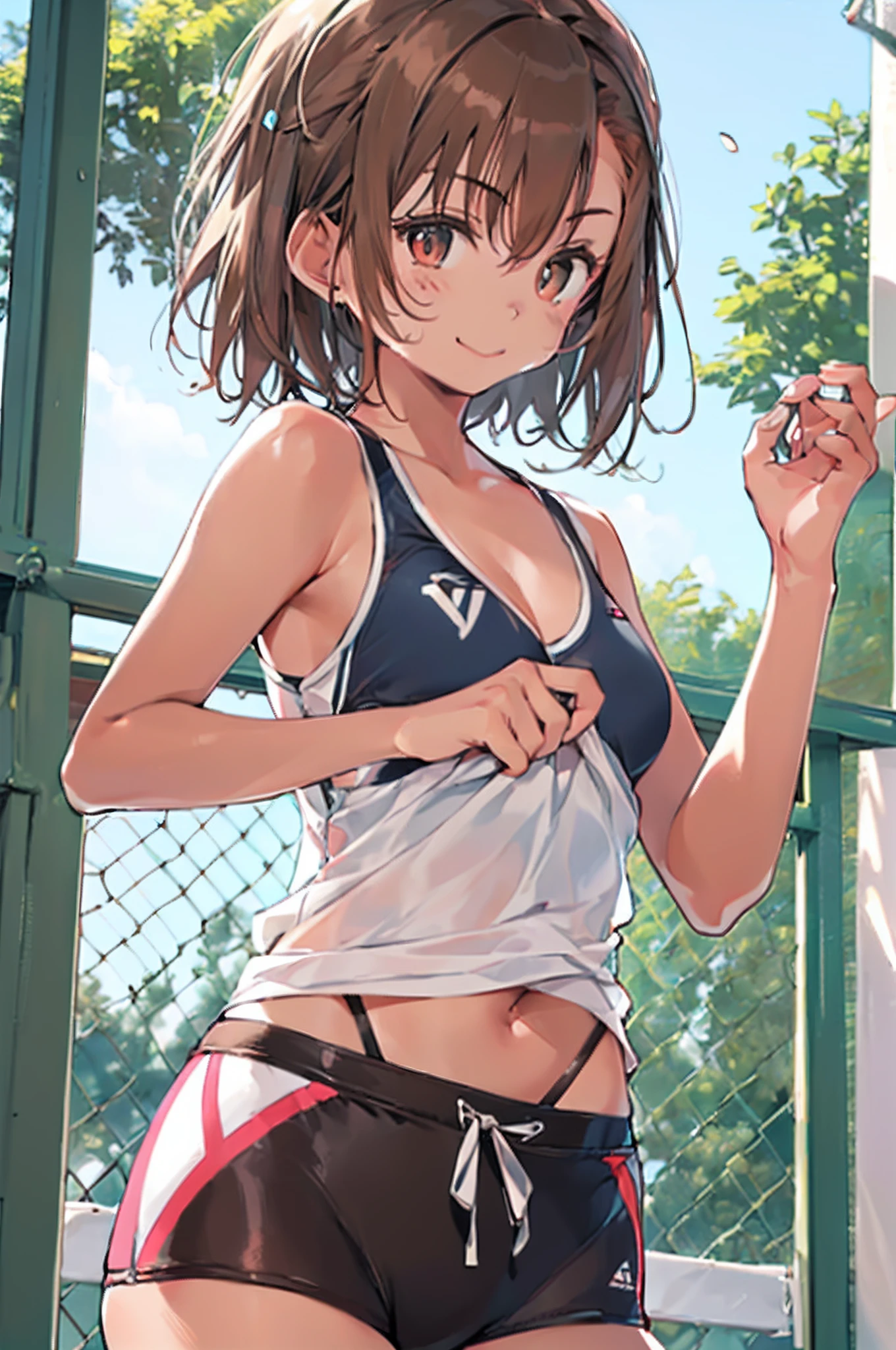 top-quality　Misaka Mikoto　Junior High School Bra　Beige shorts　　　　Cool look　　small tits　　１６age　　in the room　sexypose　Miwaki　Armpit sweat　sodden　　Ecstasy face((masutepiece)), (1 girl:2.0), (extra detailed face, Smiling), Short haircut, Brown hair, Petite, (Thin Build), (a japanese girl), ((Athletics Club Member, Long-distance runner)), Slightly round face, (Tanned brown face:1.6), Cute, Big eyes