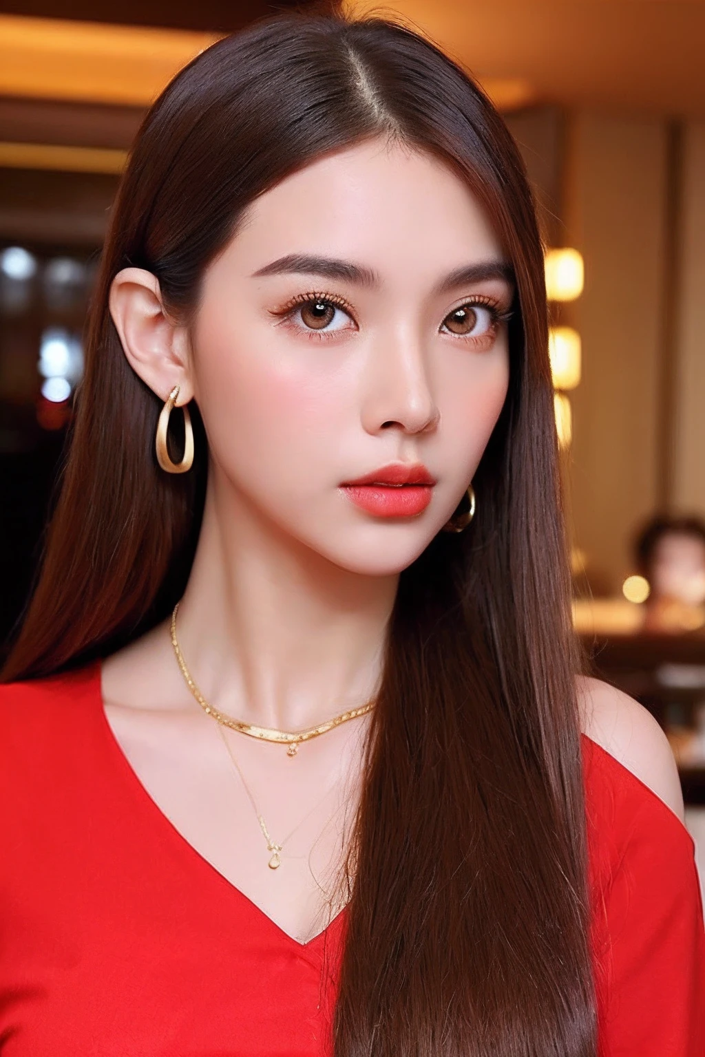 (extra detailed body、extra detailed face、best qualtiy:1.2)、femele、looking at the viewers、((Red dressy clothes、Brown hair、Big Gold Earrings、Gold Necklace)、(Restaurant in the background:1.4)