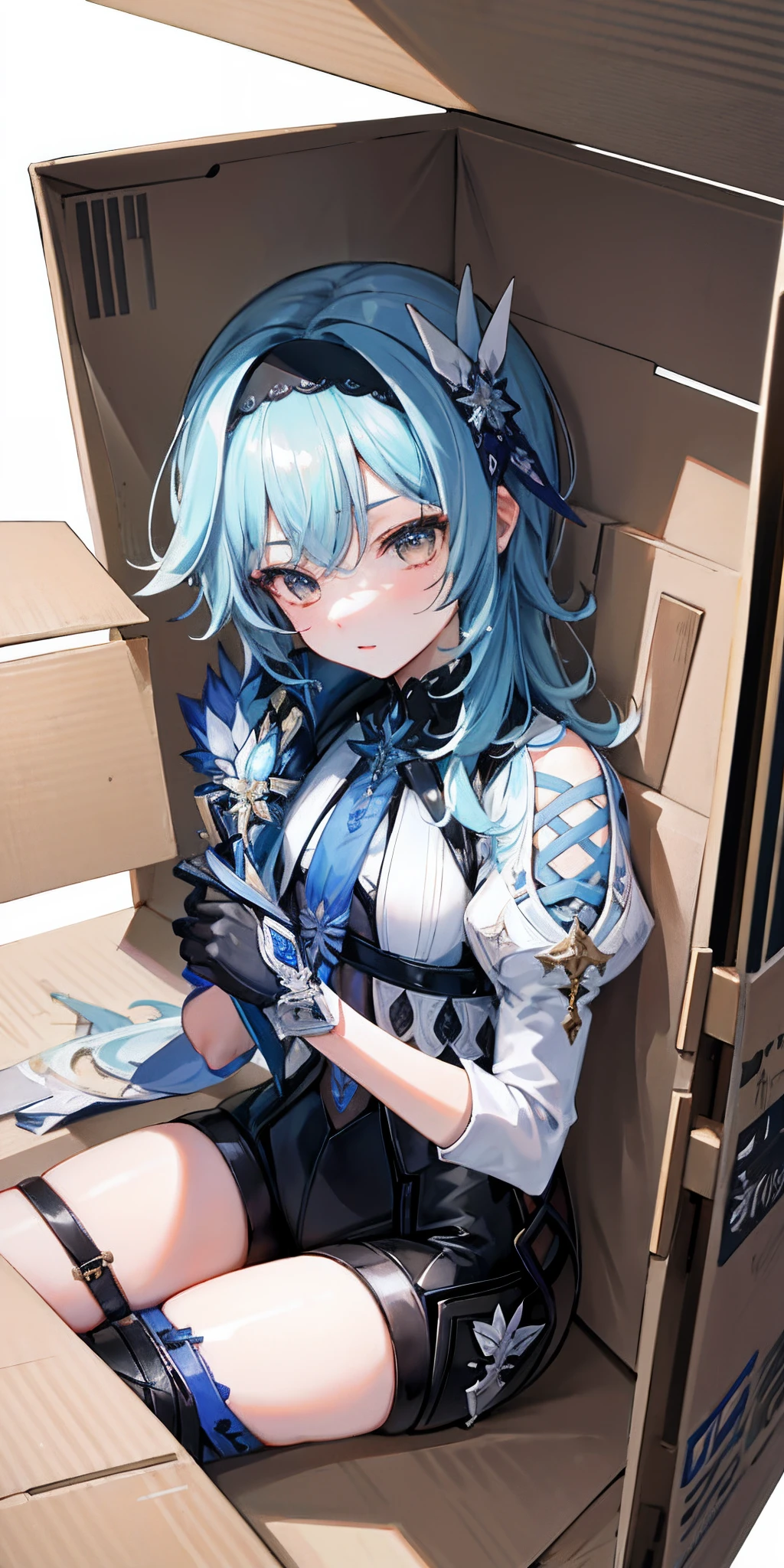 (masterpiece, top quality, best quality, official art, beautiful and aesthetic:1.2),(8k, best quality, masterpiece:1.2), there is a woman sitting in a box full of ice cubes, eula genshin impact, eula game genshin impact, kawacy, splash art anime loli, extremely detailed artgerm, artgerm. anime illustration, from girls frontline, ! dream artgerm, ruan jia and artgerm, 2 hands, 2 legs