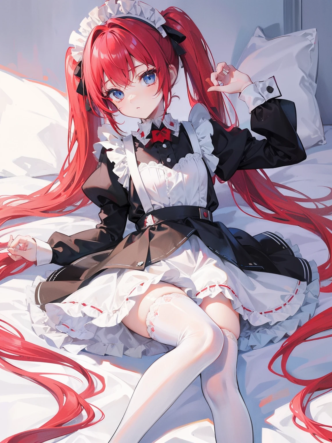 red hair,blue eyes,twintails,maid, long hair, long sleeves, gothic, solo, ,Short skirt, white stockings,{{best quality}}, {{masterpiece}}, {{ultra-detailed}}, {illustration}, {detailed light}, {an extremely delicate and beautiful},litte,