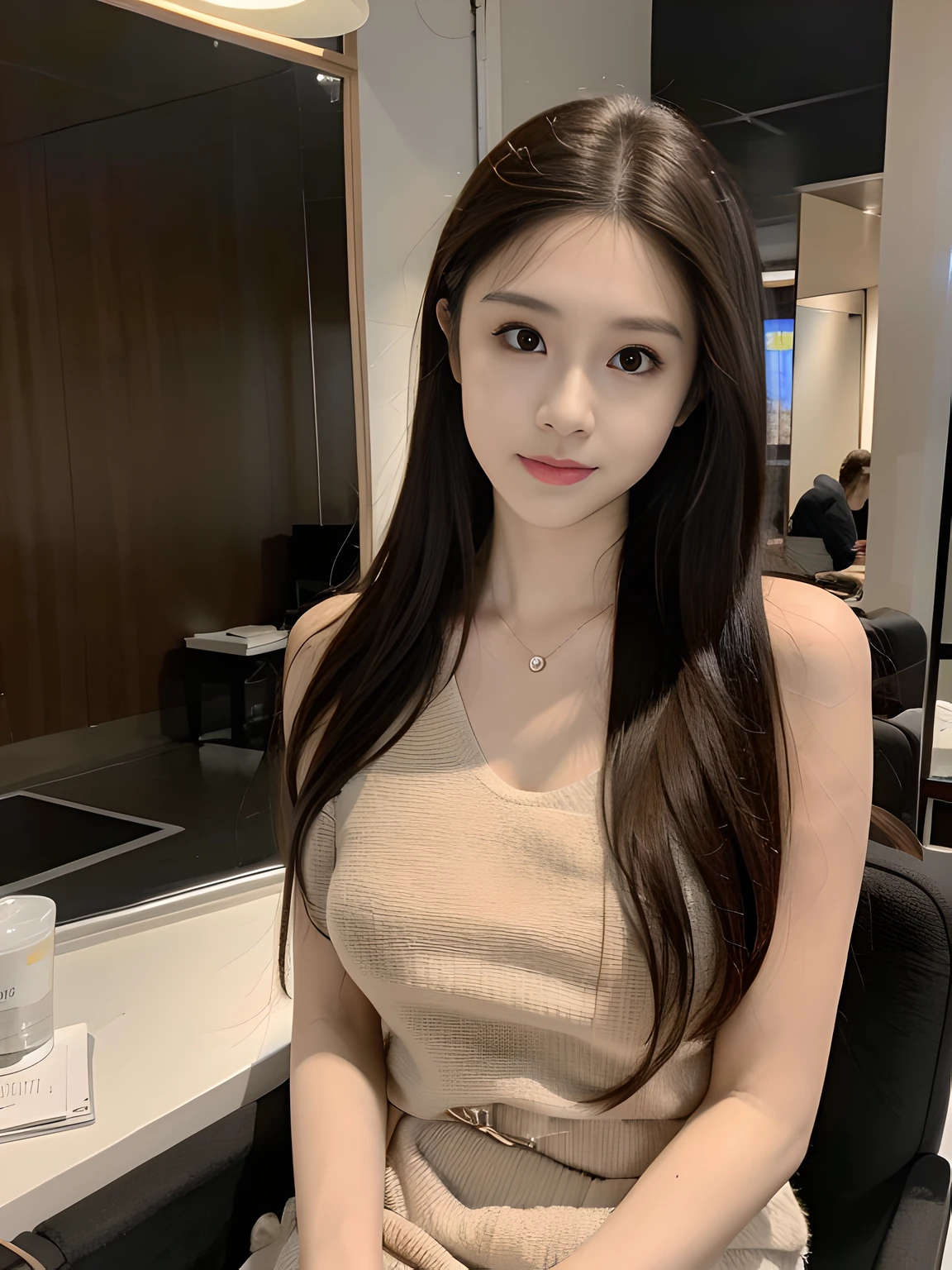 ((Realistic lighting, Best quality, 8K, Masterpiece: 1.3)), Clear focus: 1.2, 1girl, Perfect body beauty: 1.4, ((dark brown hair)), (JK costume: 1.4), (in the live room: 1.8), Super fine face, fine eyes, smile