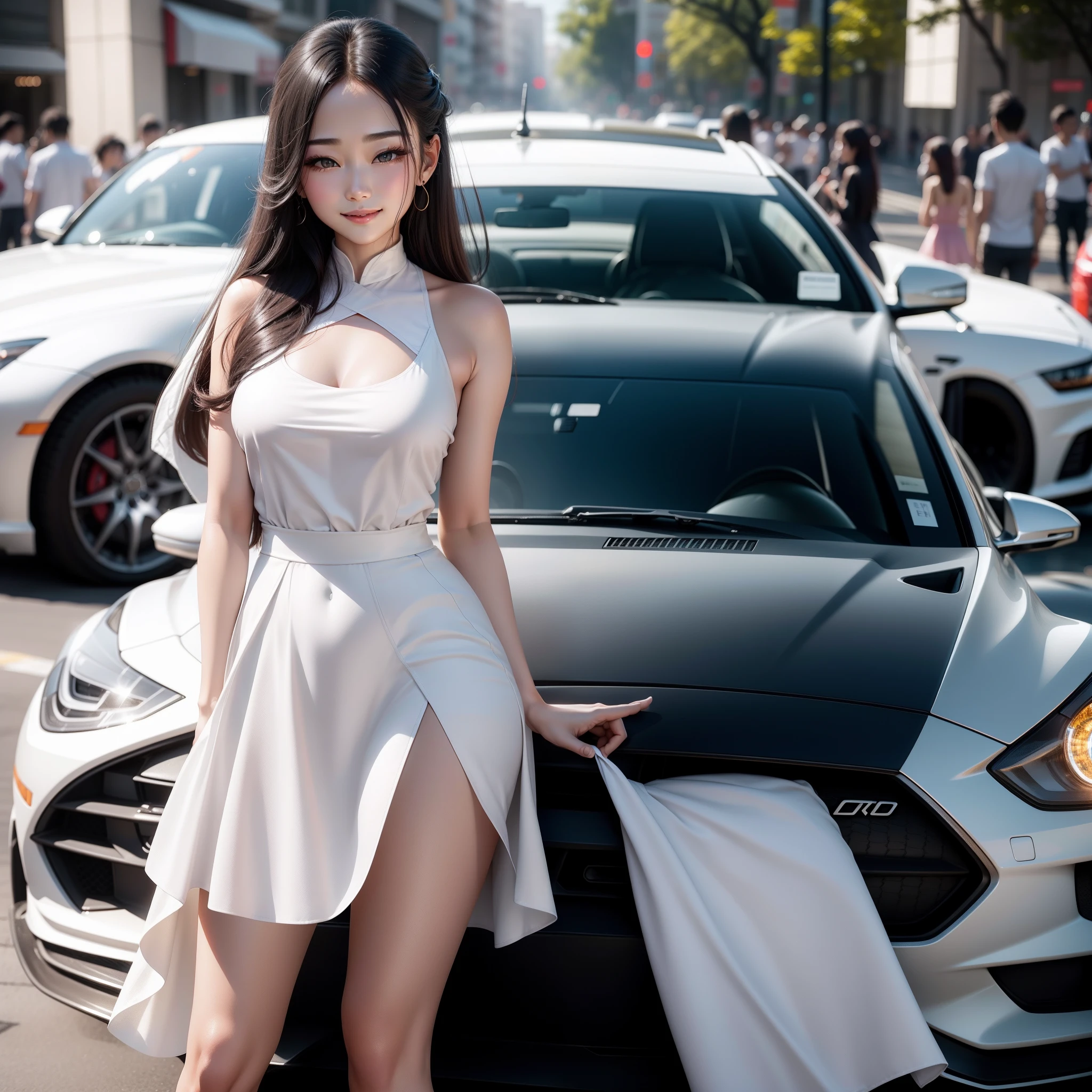 Modern beauty、Star face、low chest、Leaky smile、White slip skirt car show model、Ten percent bokeh of background、8K quality