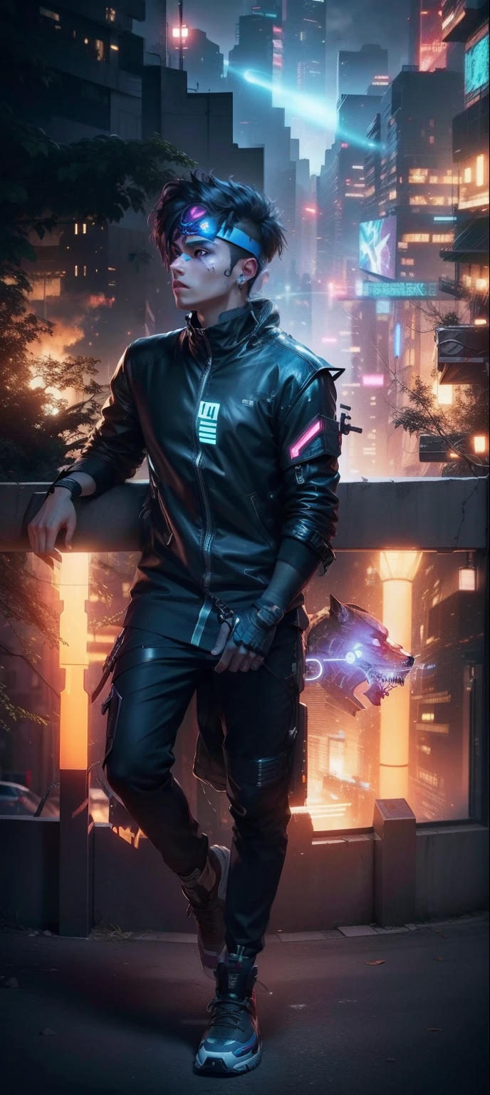 Change background cyberpunk hundshom boy realstic face 8k ultra realstic