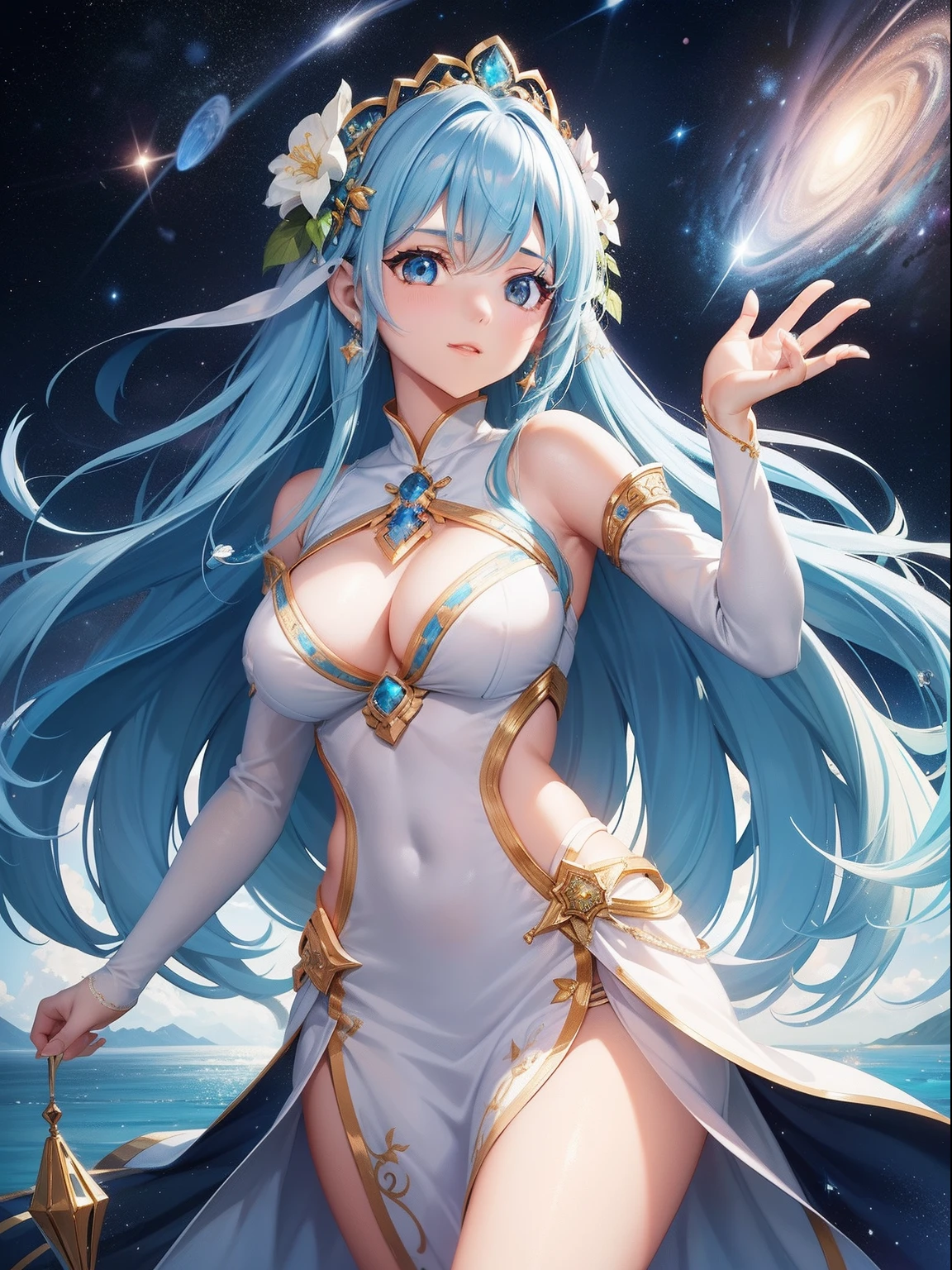 In the middle of the universe, The goddess is sailing in space in all its splendor. With her energy she lights her way, Her beauty brightens everything around her even brighter. Stars, All the beauty of the galaxy and the universe is around her. She wears beautiful white and blue fabric with incredible embroidery, Her endless sky blue hair seems to fly behind her. The light of the crystal is shining。
