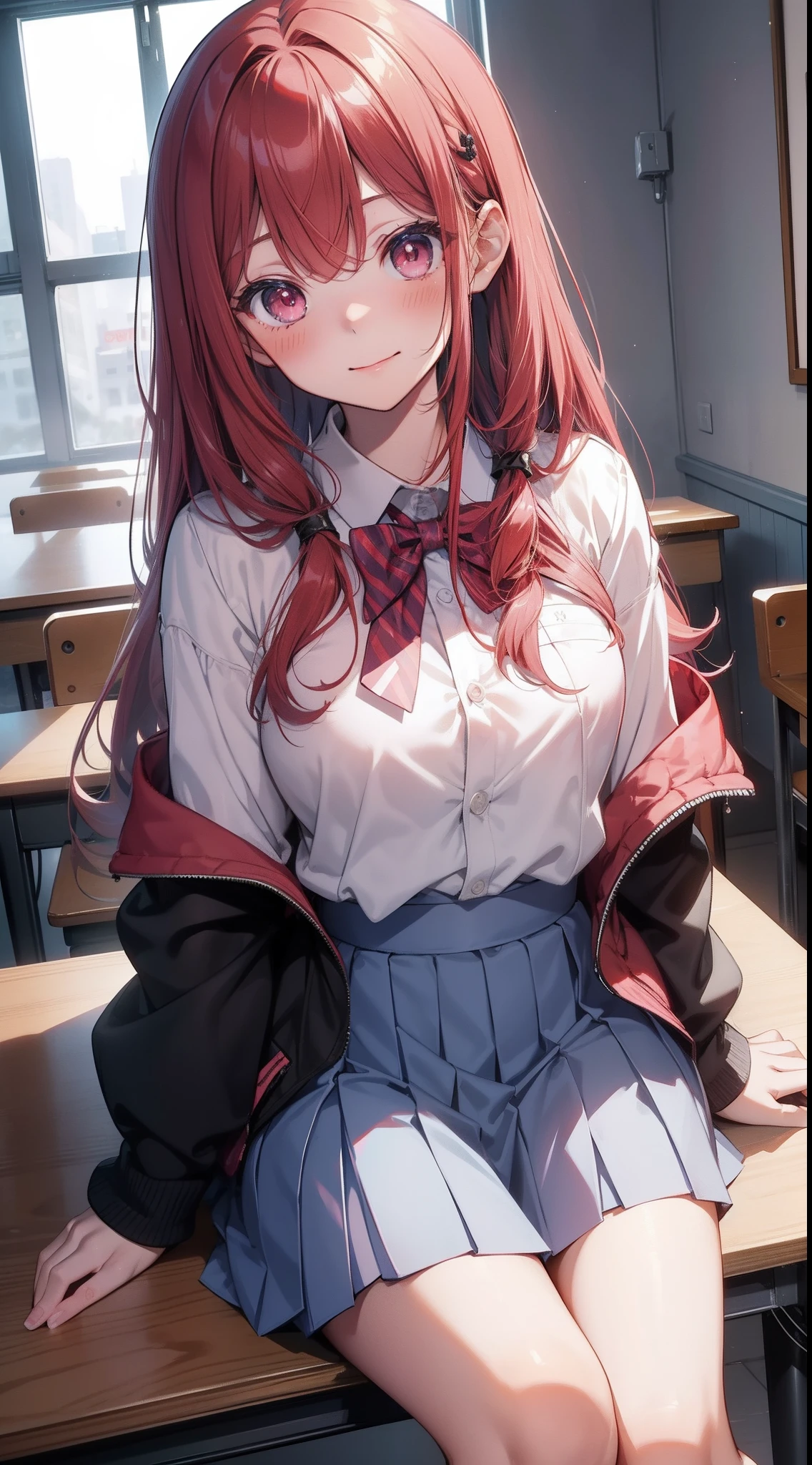 Masterpiece to the smallest detail、top-quality、girl with、17 age、独奏、Looks like a 12-year-old、150cm petite beautiful girl、small tits、a baby face、red hairs、The Perfect Five Fingers、Gradient Bob Forward、Pink and purple mesh、red eyes、Red Eyes、tall, Big eyes、Outstanding looks、A lovely child、proximity、Closed_Mouth、A smile、red blush、full of shyness、pink bowtie、校服、 Blue jacket、jaket、skirt by the、Gray skirt shirt、white shirt、an legs、Black socks、sitting on、Classroom、hair_ornament detached、up looking_で_viewer、beatiful detailed eyes、Akame、Striped panties、lift up one's skirt、Professional effects、