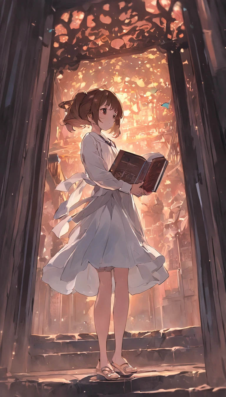 Brown hair、girl with、read a book、petite person、White Dress、long eyeslashes、silhuette、full body Esbian、poneyTail、a miniskirt、black backgrounds、