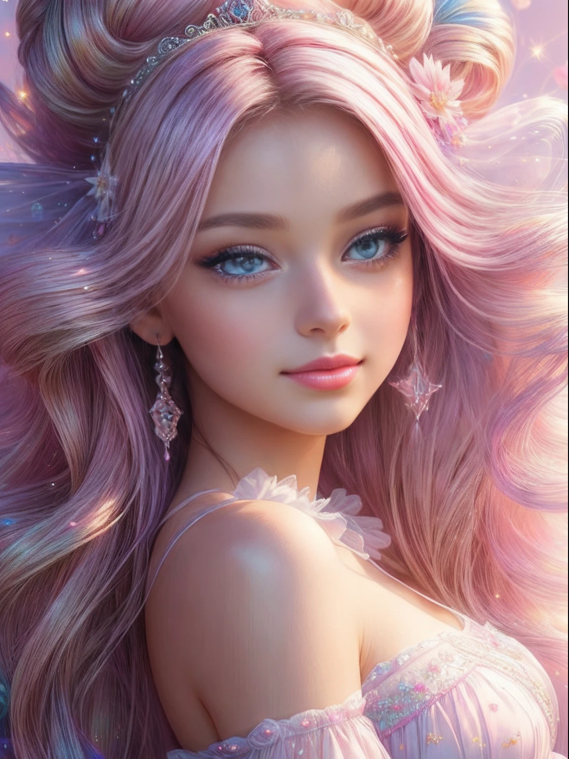 ((Masterpiece)). This artwork is sweet, Dreamy and ethereal, （Barbie pink background：1.5），barbiecore，A princess，cabellos largos dorados，Kizi，Delicate face, Soft pink watercolor toned candy accent，(Bubblegum world with a variety of pastel shades). Her sweet face is extremely detailed and realistic，Elegant facial features，Sweet, Highly realistic eyes，Sweet smile，Highly detailed, And beautiful. HD and detail, Contains a lot of detail，Colorful bubbles, Colorful petals, Stars and colorful bubble gum bubbles，fantastic details, Enhanced detail, rainbowing, Colorful sparkling wind，Beautiful and realistic details，The images are dreamy and ethereal.8K, Intricate, elegant, Highly detailed, Majestic, Digital photography