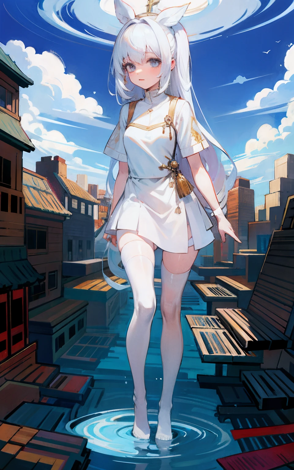 white stockings,long whitr hair,Long hair with a shawl,High volume,Slender legs