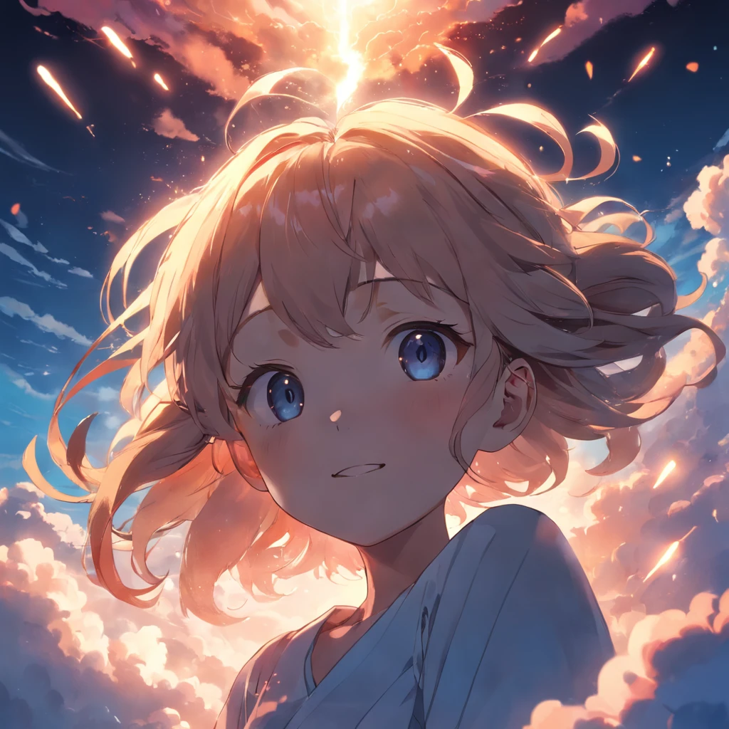 masterpiece, best quality, movie still, 1girl, cloud girl, floating in the sky, close-up, bright, happy, warm soft lighting, sunset, (sparks:0.7)
