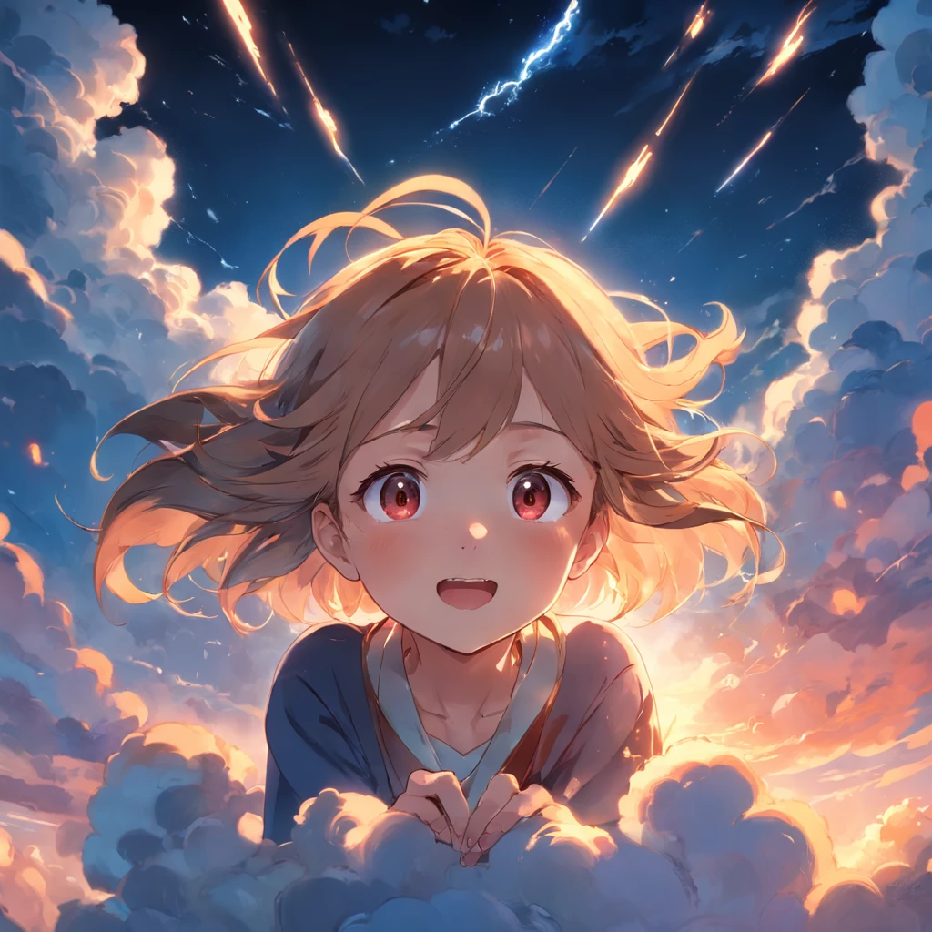 masterpiece, best quality, movie still, 1girl, cloud girl, floating in the sky, close-up, bright, happy, warm soft lighting, sunset, (sparks:0.7)