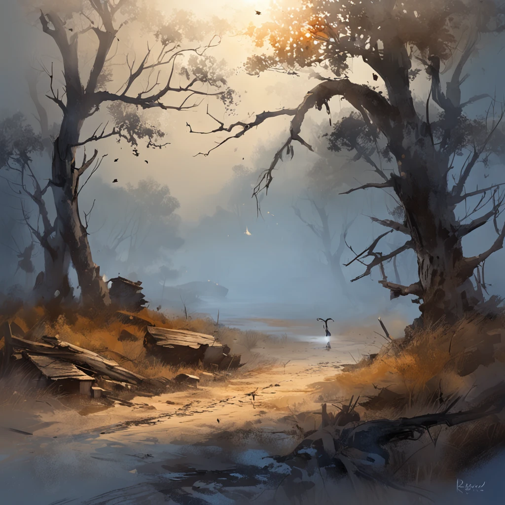 A crow on a dead tree, Shaped like a walker's shadow, Starry night, Thick fog on the ground, Blue light on the horizon, Unreal Engine5, Cinematic, low angle photo, Motion blur, depth of fields, Dust, Pebbles and soil. Splash Art, dripping paint. Perfect color grading. Carel Appel and Jeremy Mann's influence, Many dramatic and threatening scenes, ultra - detailed, Beautiful, insanely details, Intricate details, editorial photography, shot with a 50mm lens, depth of fields, Tilt Blur, Shutter speed 1/1000, f/22. Lightmaps, Super bright