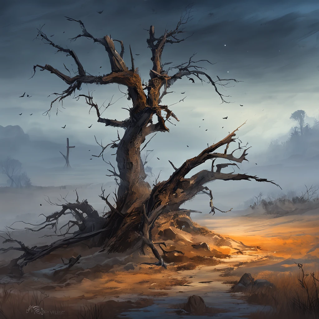 A crow on a dead tree, Shaped like a walker's shadow, Starry night, Thick fog on the ground, Blue light on the horizon, Unreal Engine5, Cinematic, low angle photo, Motion blur, depth of fields, Dust, Pebbles and soil. Splash Art, dripping paint. Perfect color grading. Carel Appel and Jeremy Mann's influence, Many dramatic and threatening scenes, ultra - detailed, Beautiful, insanely details, Intricate details, editorial photography, shot with a 50mm lens, depth of fields, Tilt Blur, Shutter speed 1/1000, f/22. Lightmaps, Super bright