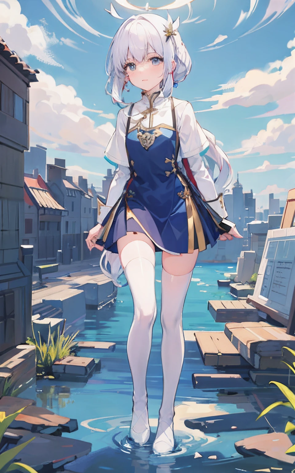 Chest bulge,pleatedskirt,long whitr hair,white stockings,dual horsetail,with blue sky and white clouds