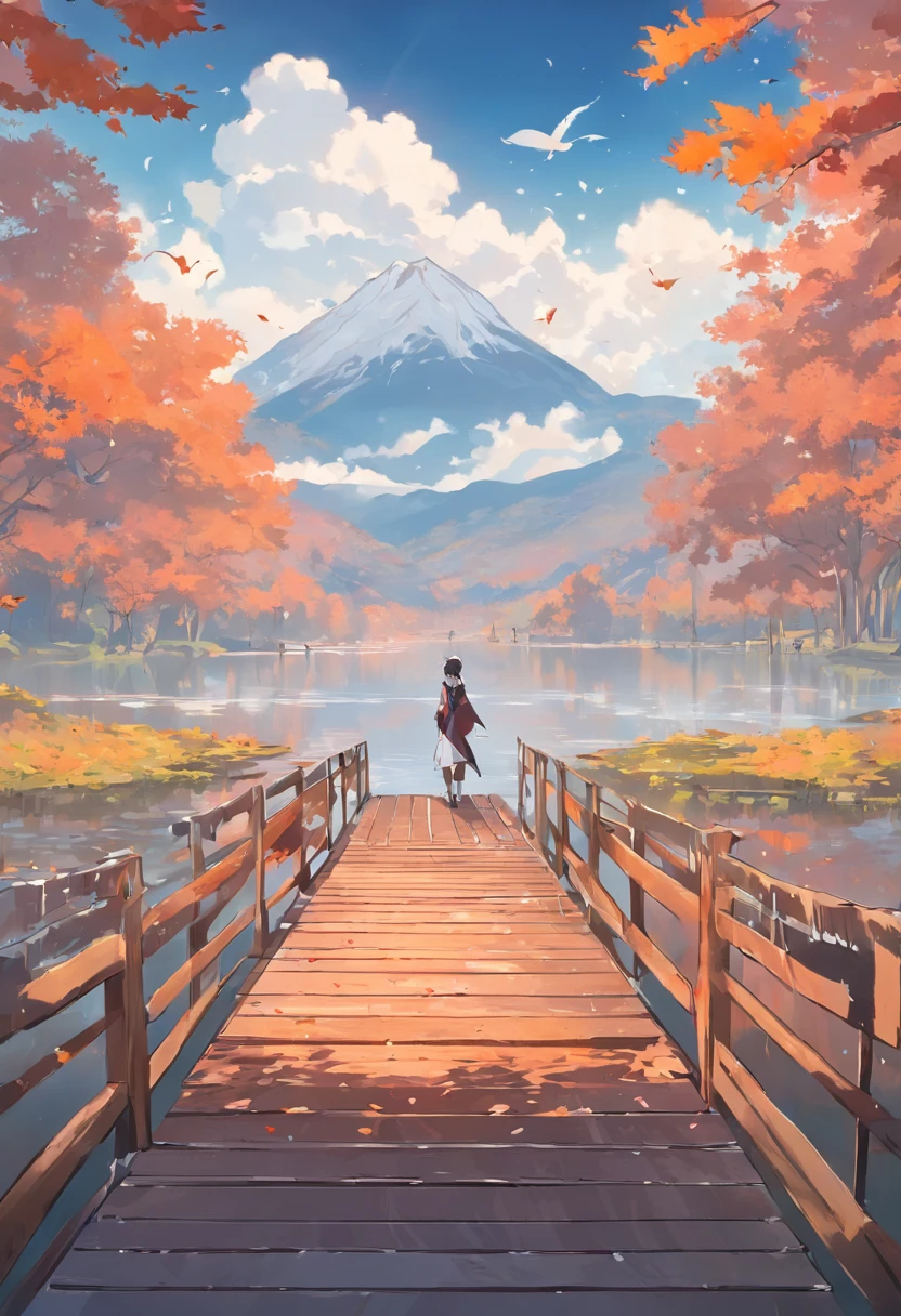 The boardwalk extends to the middle of the lake, and a man stands on the boardwalk, and in the distance, the mountains are reflected in the lake, the shadows of the trees on the lakeside, the autumn leaves are flying, and there is a dragon flying in the sky