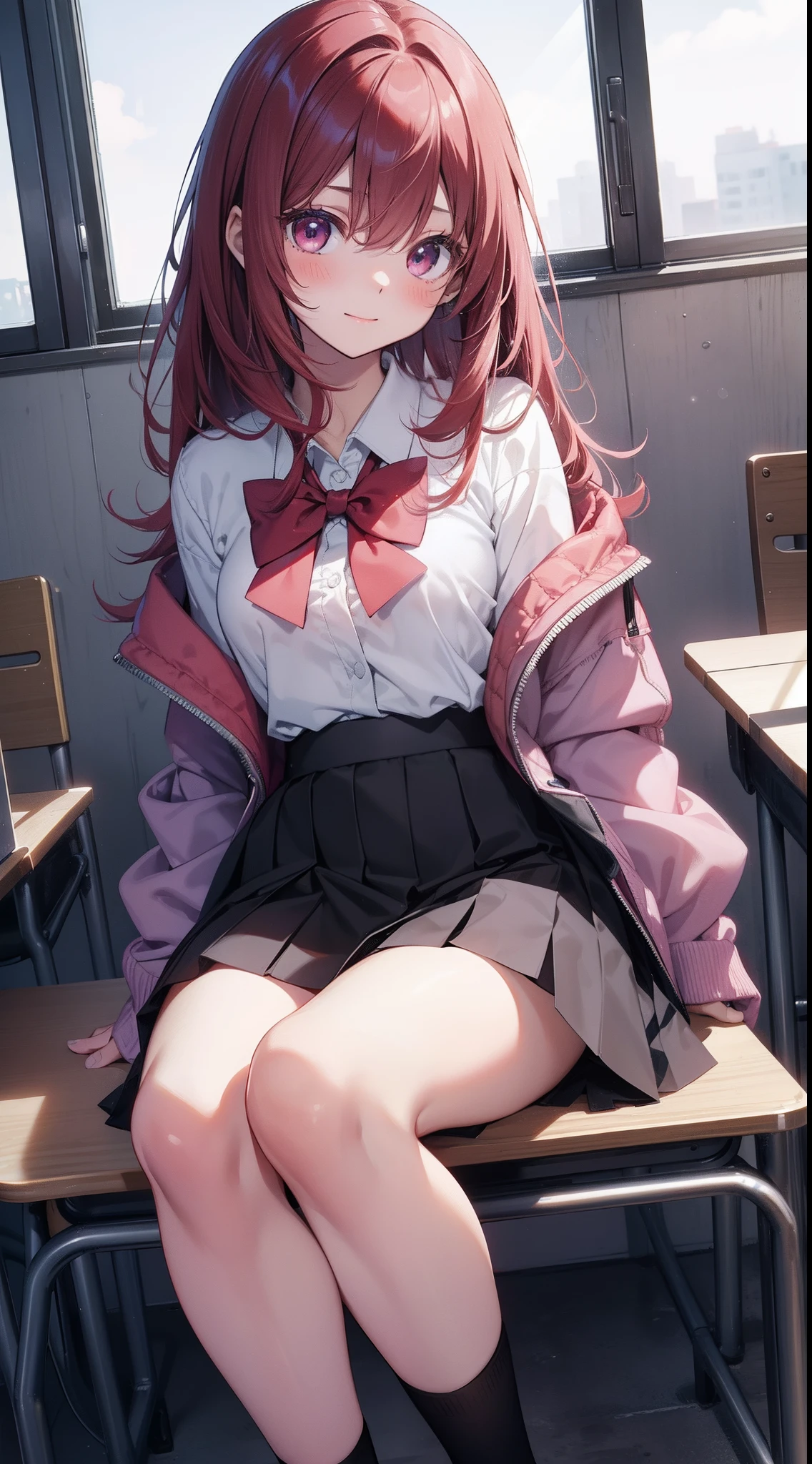 embarrassed, blushing,white panties under the skirt ,i can see the white panties under the skirt, lifts her skirt with one hand, panties peeking out from under your skirt., spread-legged position in school desk, knees apart, red hair, school uniform, mini-skirts, Hi-Res, 1girl in, Cute anime illustration