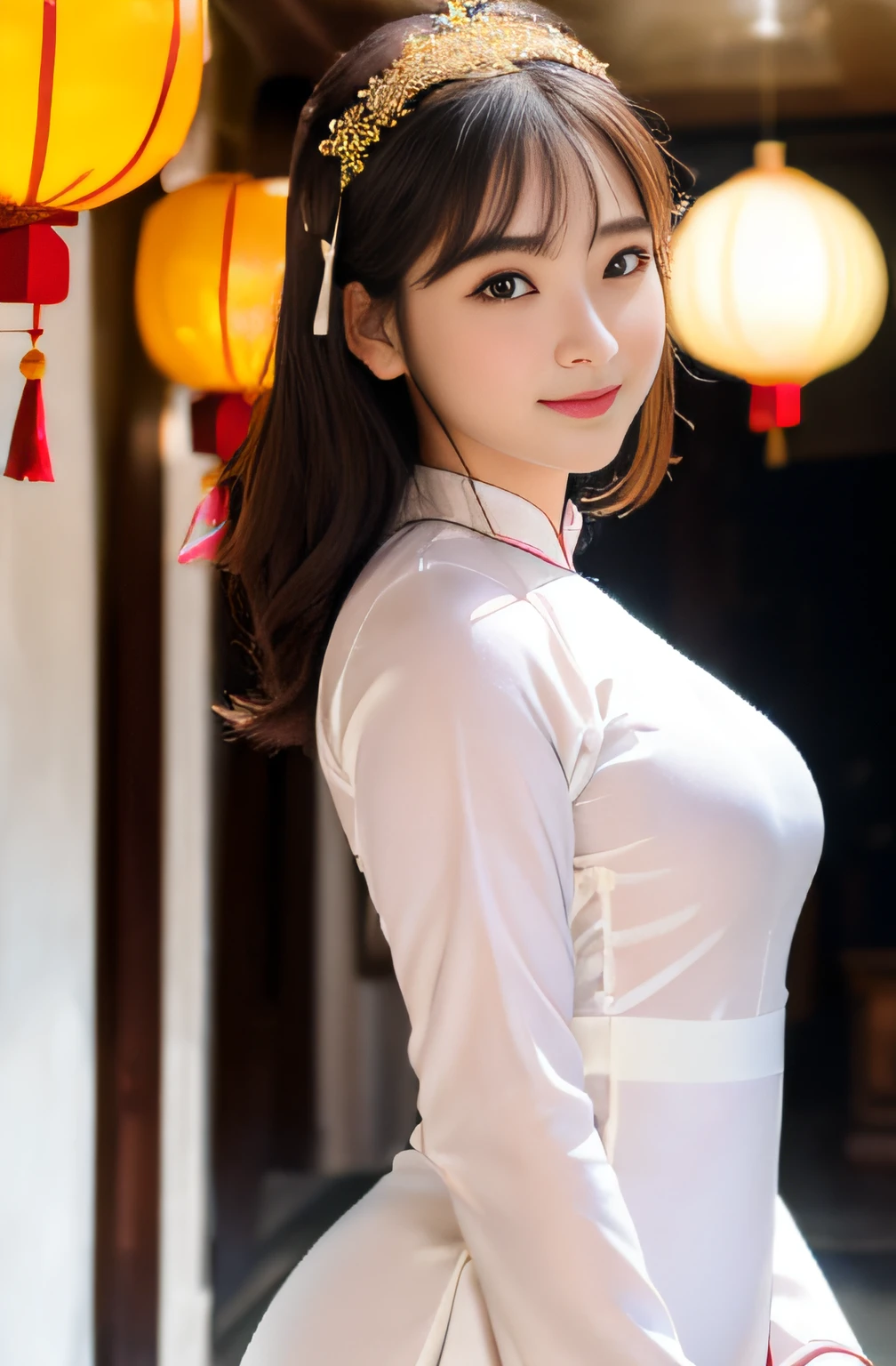 (8k, RAW photo, best quality, masterpiece:1.2), High detail RAW color photo, professional photograph,(realistic, photo realistic:1.2), ((best quality)), 1 girl, cinematic light, HDR, (finely detailed face:1.2), (masterpiece:1.5), (best quality:1.2), (smiling:1.2), (looking at viewer:1.2), (Vietnamese women:1.4), beautiful, cute like a doll, , (warm smile:1.2),small nostrils, (traditional ao dai:1.3), (unadorned plain white ao dai:1.3),vietnamese high school uniform, long-sleeved,(ornament-free:1.2),white pants,medium bust, narrow waist, upper body,light makeup, big round eyes,long-sleeved,shallow depth of field, focus on the eyes, crowded street at Ho Chi Minh city,