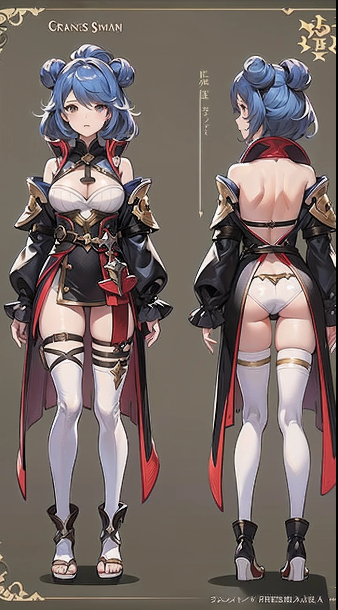 character reference sheet, 1 woman, 20 years old, (granblue fantasy character), wearing blade and soul costume, complete full body, character design sheet, perspective view, front view, side view, back view, light colors themed costume design