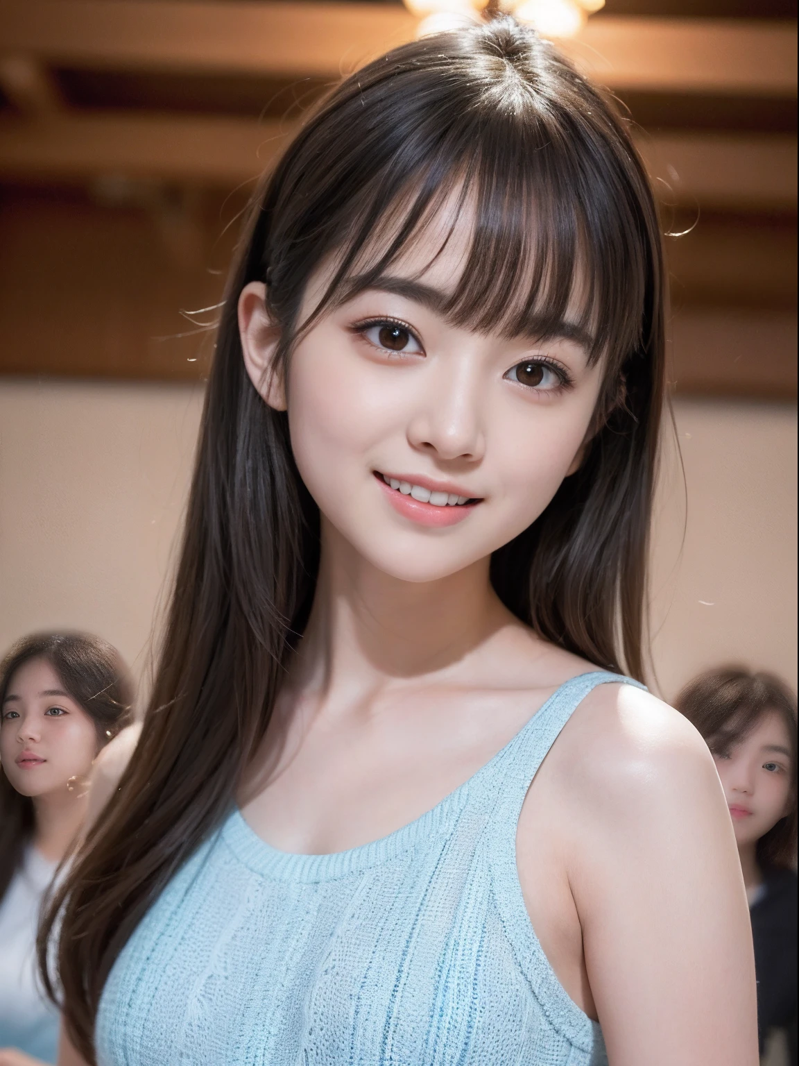 cheer girl、Raw photo、real picture、Live action、Realistis、Write shallowly、(Raw photography:1.2)、Full body like、the texture of the skin is pale、ultra best quality、a beautiful detailed girl、A smile、extremely detailed eye and face、drooping eyebrows、8k wallpaper、finely detail、电影灯光、-yeld gi(photorealisim:1.4)、surrealism、 frombelow、super detailing、masterpiece、absurderes、Nogizaka48、Indoor Stage Show、no-makeup、Tanuki face