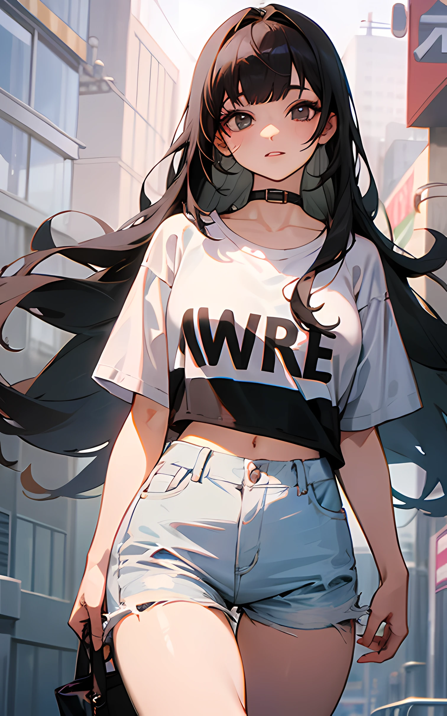 1girl, black hair, long hair, white tshirt, hot pants