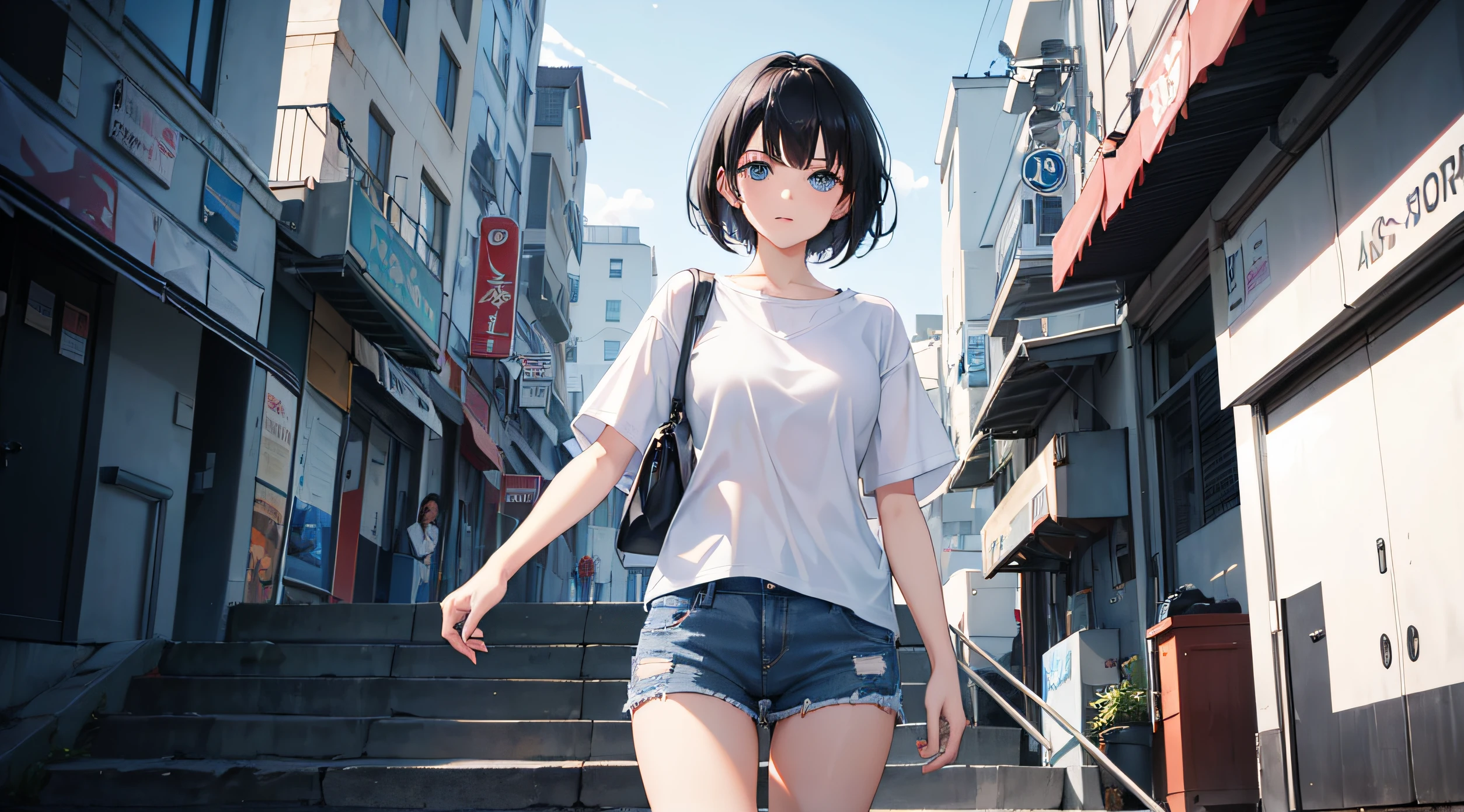 1girl, short black hair, blue eyes, wearing plain white shirt, denim shorts, city, absurdres, high res, ultrasharp, 8K, masterpiece, looking at viewer