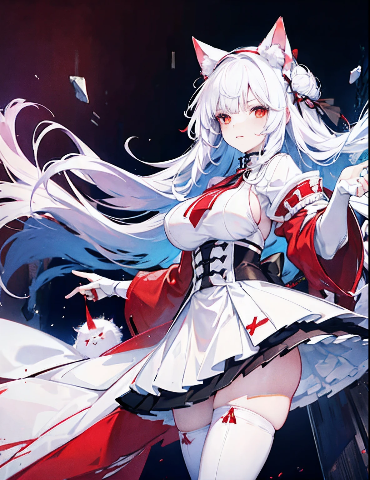 white color hair,anime big breast,s girl,shrines,White cat ears,Red witch costume,nevando,,red color eyes,snowfield,white stockings
