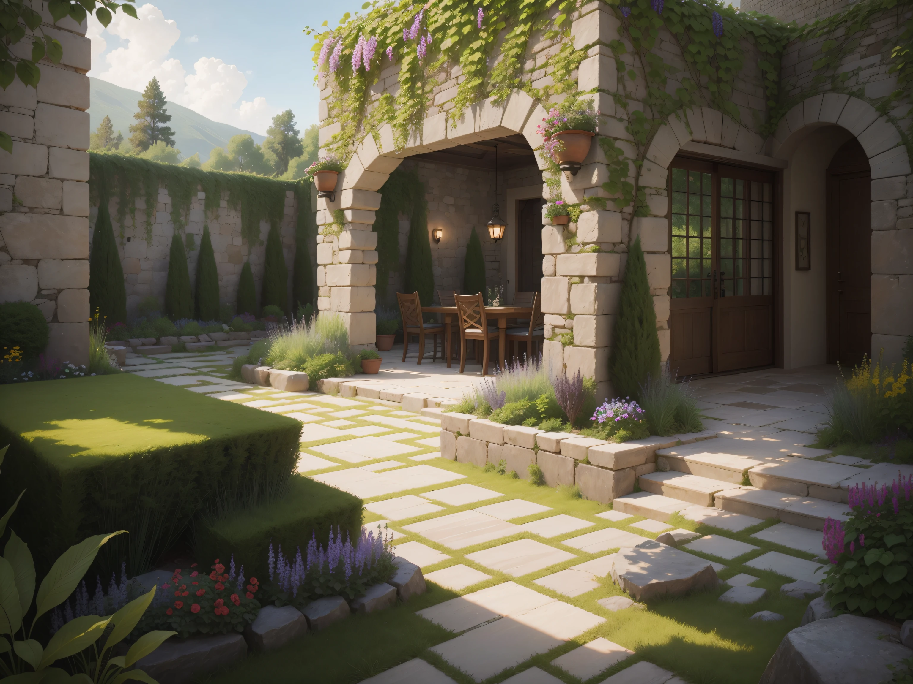 Natural garden landscape with plants around with loose stone floor and with a luxurious stone wall and vertical garden behind and free space in the center of the picture with clear sky. Chef-d'oeuvre. volumetic. extremly detailed.