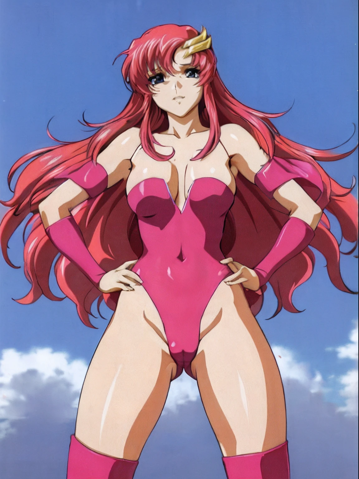 (masterpiece, 4K, Best Quality, Anime style: 1.9, bold drawing lines, High color saturation, Detailed face, tall, Adult Woman, lovely, (cloud background), Drawing lines, high resolution, Anime, lacus4), 1girl in, Solo, curvy figure, Long hair, 鎖骨, scapular, Wavy Hair, Detailed wide hair bangs, Hair Ornament, Detailed reddish-pink hair, cleavage, large hands, Big blue eyes, Smile, closed mouth, Very happy, ((closed fists)), (laughing, open mouth), ((medium breasts)), ((pink strapless wrestling leotard only), (wrestling long boots), bare thighs, groin lines, strong arms, biceps, rib lines, ((lean forward)), legs, standing, (hands on hips), happy, bare shoulders, (navel), pink elbow pads
