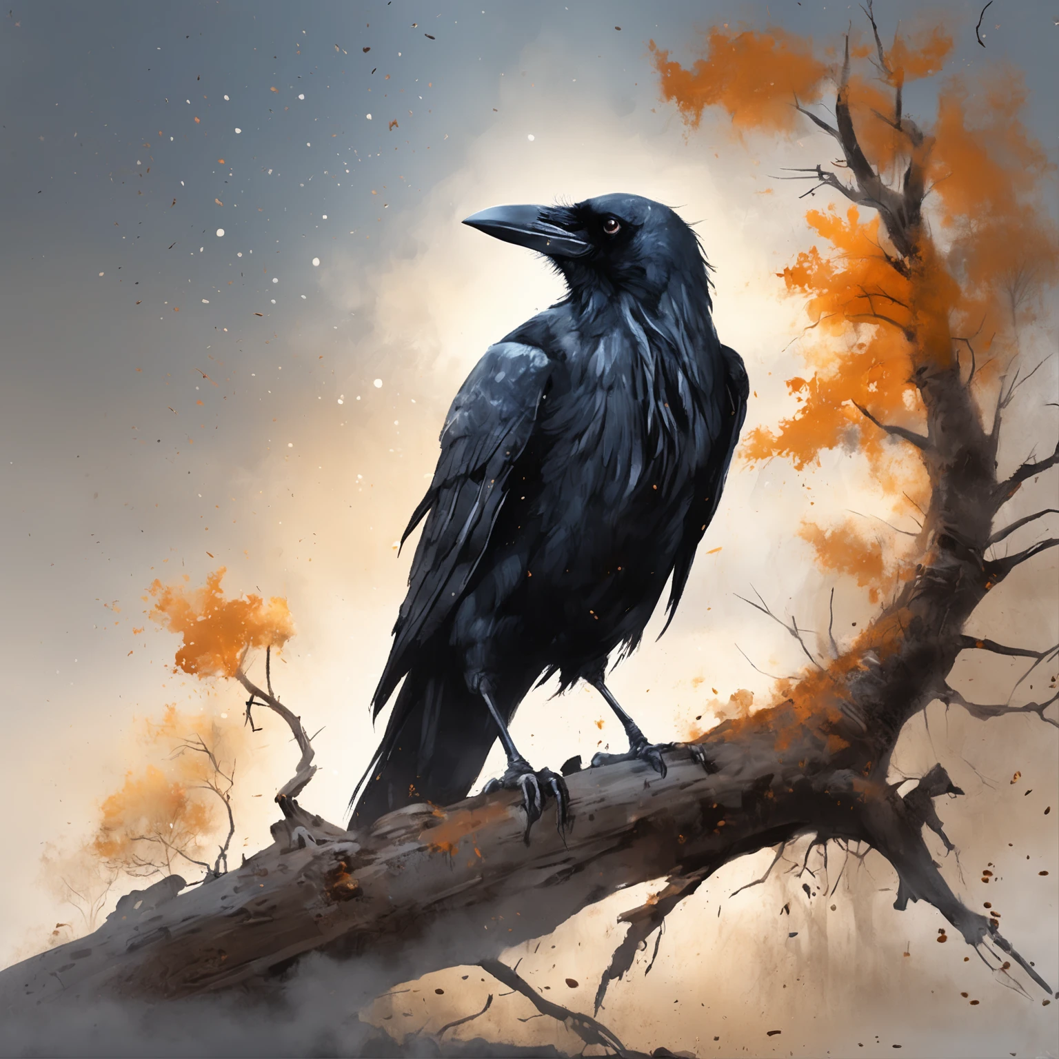 A crow on a dead tree, The crow is rich in detail and realistic，Shaped like a walker's shadow, Starry night, Thick fog on the ground, Blue light on the horizon, Unreal Engine5, Cinematic, low angle photo, Motion blur, depth of fields, Dust, Pebbles and soil. Splash Art, dripping paint. Perfect color grading. Carel Appel and Jeremy Mann's influence, Many dramatic and threatening scenes, ultra - detailed, Beautiful, insanely details, Intricate details, editorial photography, shot with a 50mm lens, depth of fields, Tilt Blur, Shutter speed 1/1000, f/22. Lightmaps, Super bright