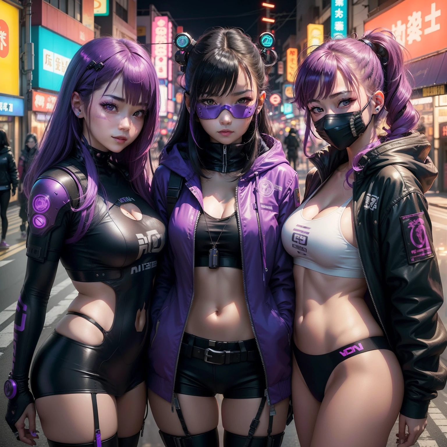 Three Women in Cyberpunk、About 20 years old、A smile、Neon Town in Japan、natta、colorful backdrop、portraitures、Real Illustration、Delicate、Mouth mask、Purple、Colorcon、Eyes clear