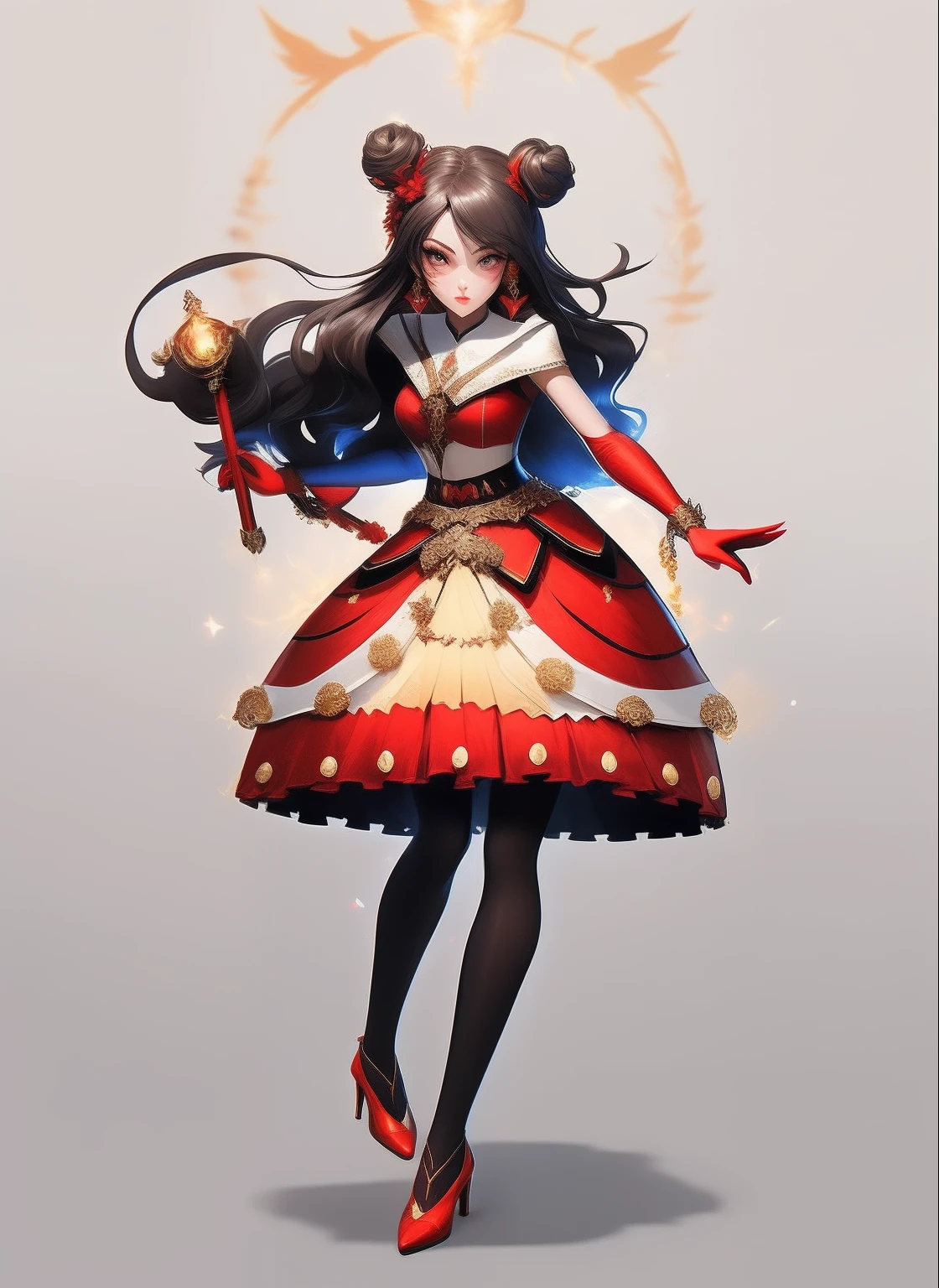 ((Masterpiece, Highest quality)), Detailed face, CharacterDesignSheet,full bodyesbian, Full of details, Multiple poses and expressions, Highly detailed, Depth, Many parts,beuaty girl,cinmatic lighting,with light glowing,Red and gold,Phoenix decoration,light yarn,Lace,lacepantyhose,high-heels