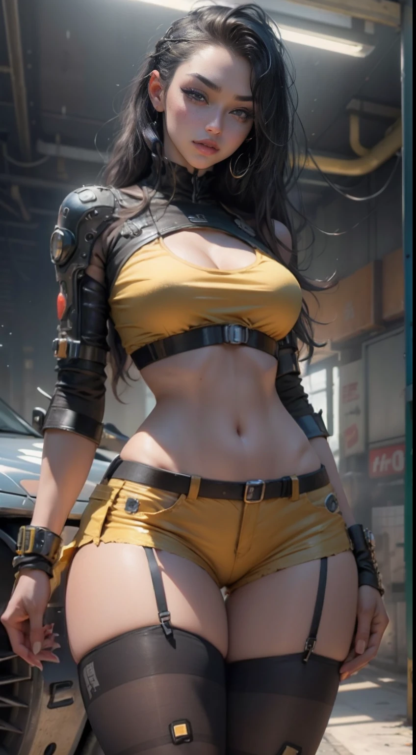 illusory engine:1.4,Ultra-realistic CG 64K,Photorealistic:1.4,Skin texture:1.4,Masterpiece:1.4,Beautiful woman in doll underwear、Cyberpunk-style yellow shorts,Red tights,Blue miniskirt,Erotic lace,Bigboobs, Juicy big lips, thick juicy thighs