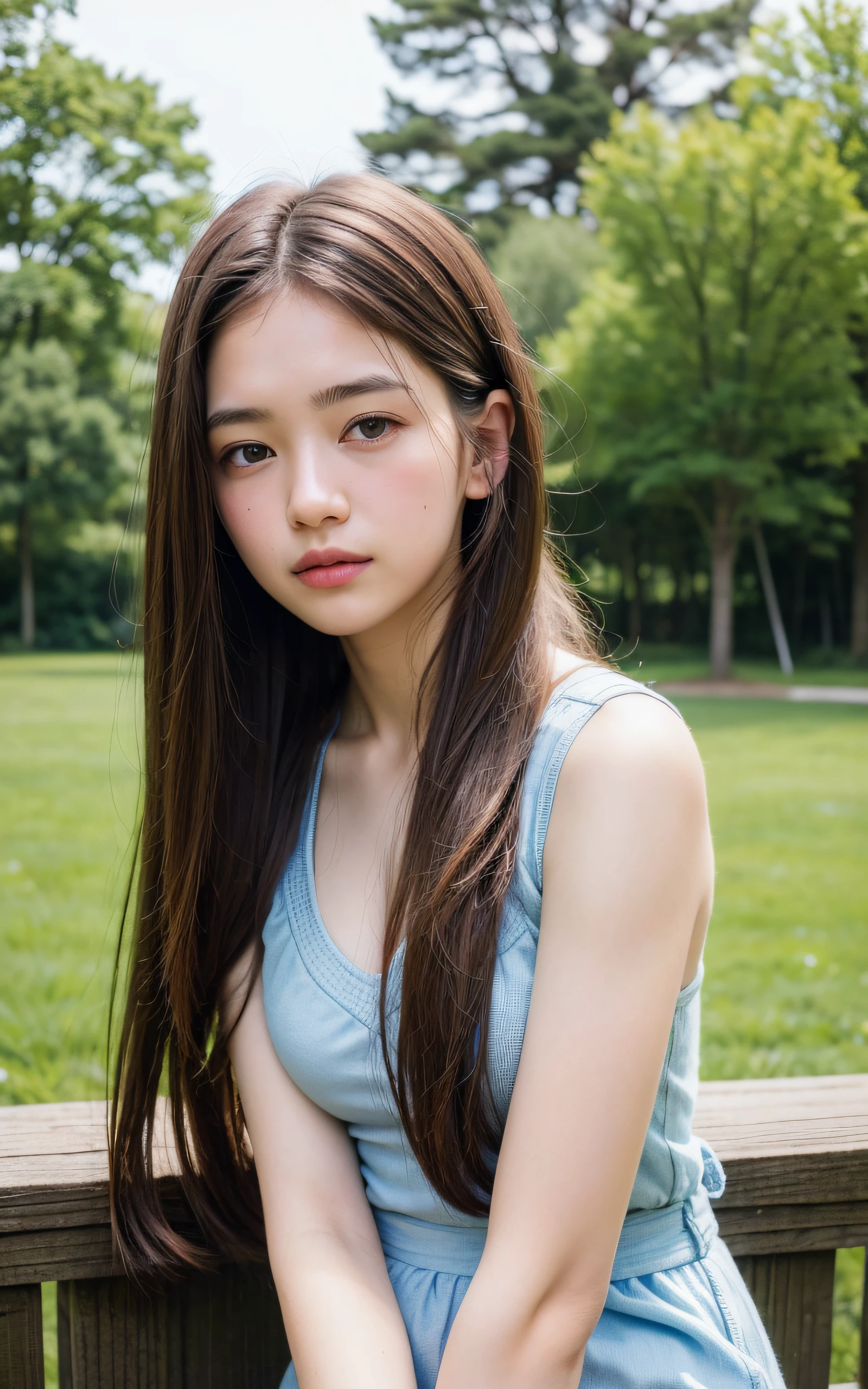 ((The highest image quality, 8K, masterpiece:1.3)), Soft light, professional lighting, Close-up, 1 Beautiful girl、, neat and clean beauty, cute:1.3, girly, brown hair, (Casual hairstyle, :1.2), Ultra-fine face, detailed eyes, A slight smile, Take pictures in cute poses,tiny small waist,Super big breasts,Close-up chest, outdoors background,
