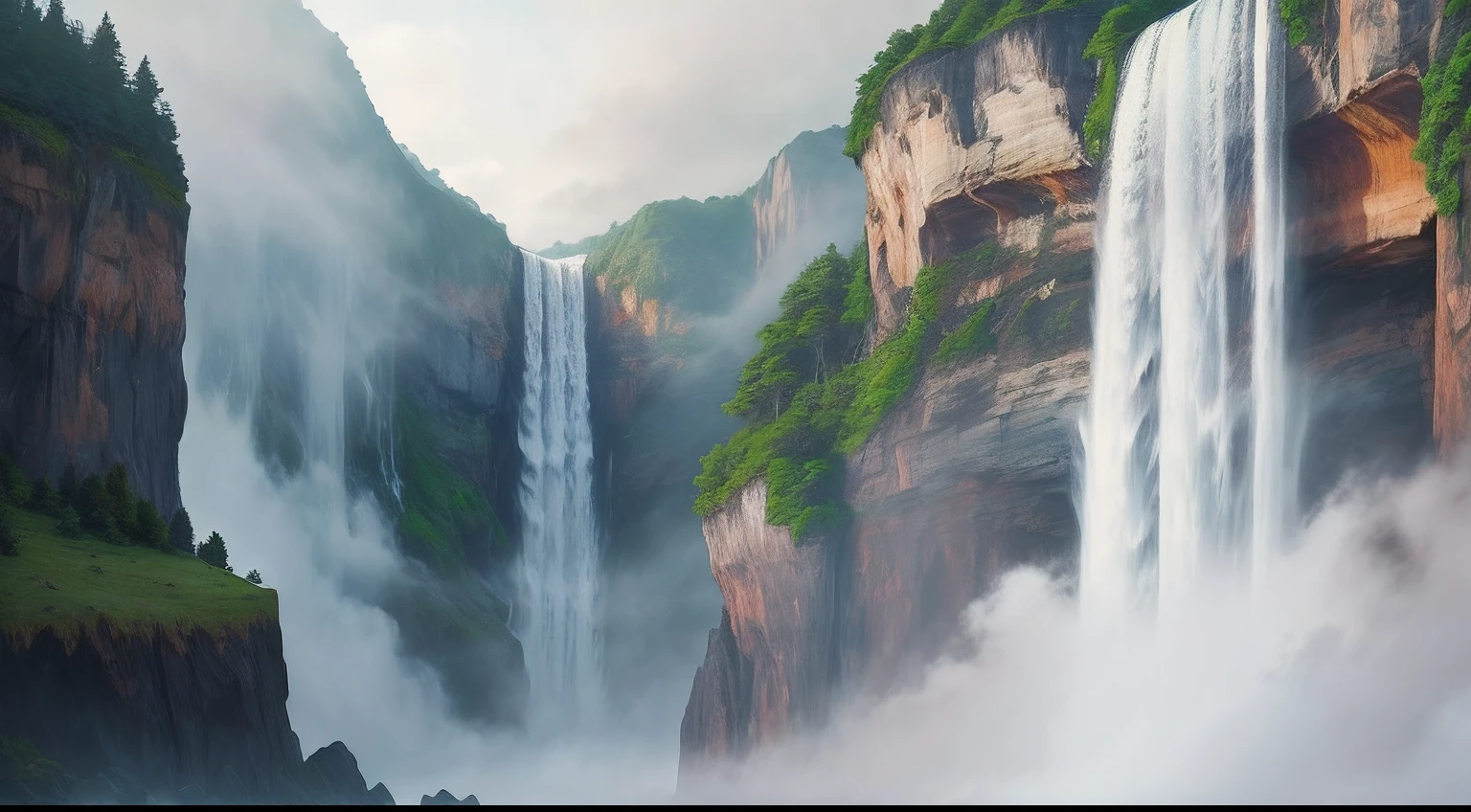 There is a cliff in front，background is waterfall, Waterfall in the distance, Fog from the waterfall, falls, Spectacular realistic cinematic visuals, floating waterfalls, huge waterfall, an endless waterfall, Realistic waterfalls, waterfall in the background, Epic cinematic sense, falls. heavy fog, Ultra-realistic 4K quality, Very wide waterfall