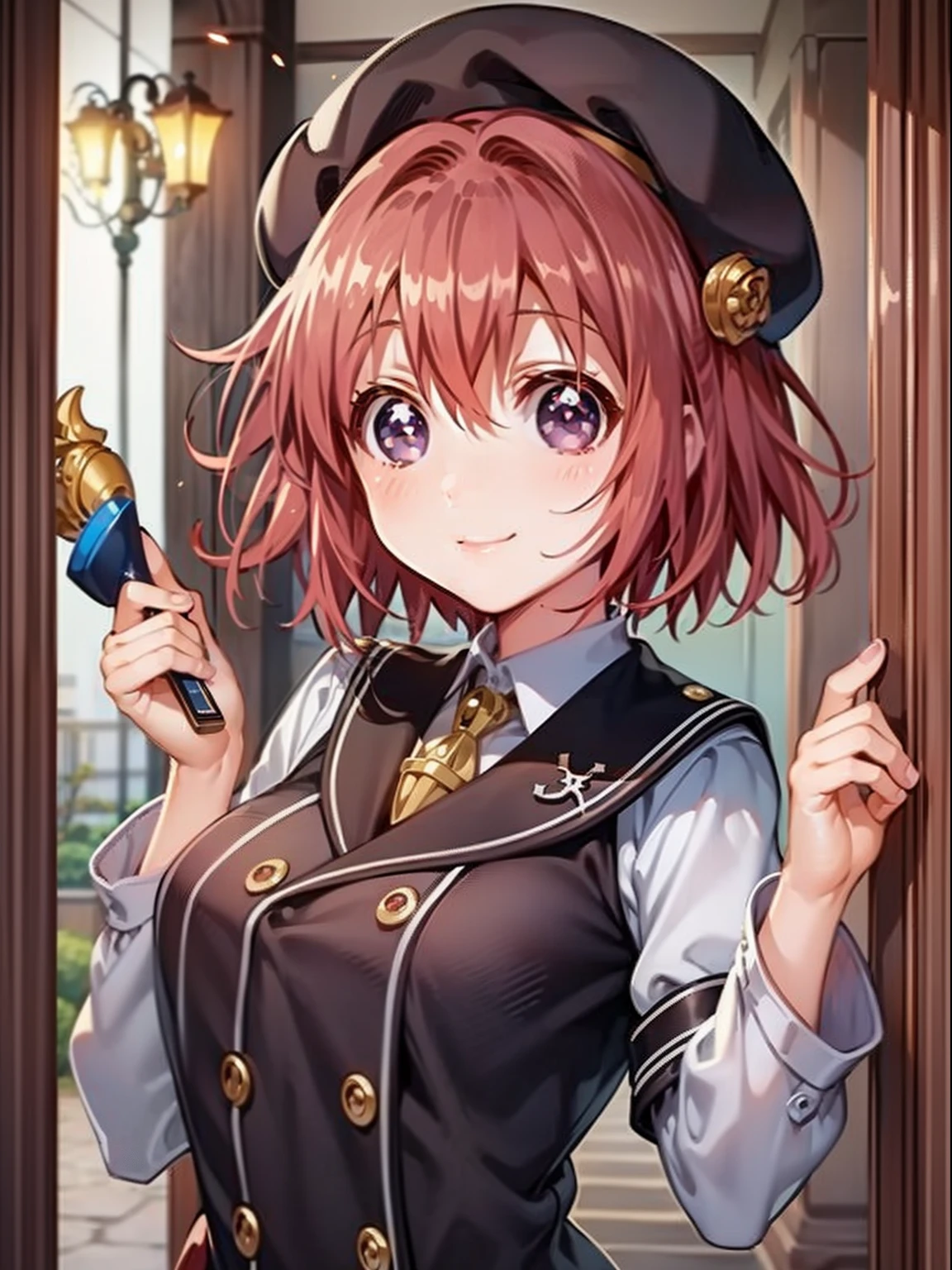 ​masterpiece、ighly detailed、(1 girl in:1.2)、Red hair、Learn uniforms、big eye、a closeup、A smile、8K、short-hair、beret、(((anime styled)))、Shining eyes