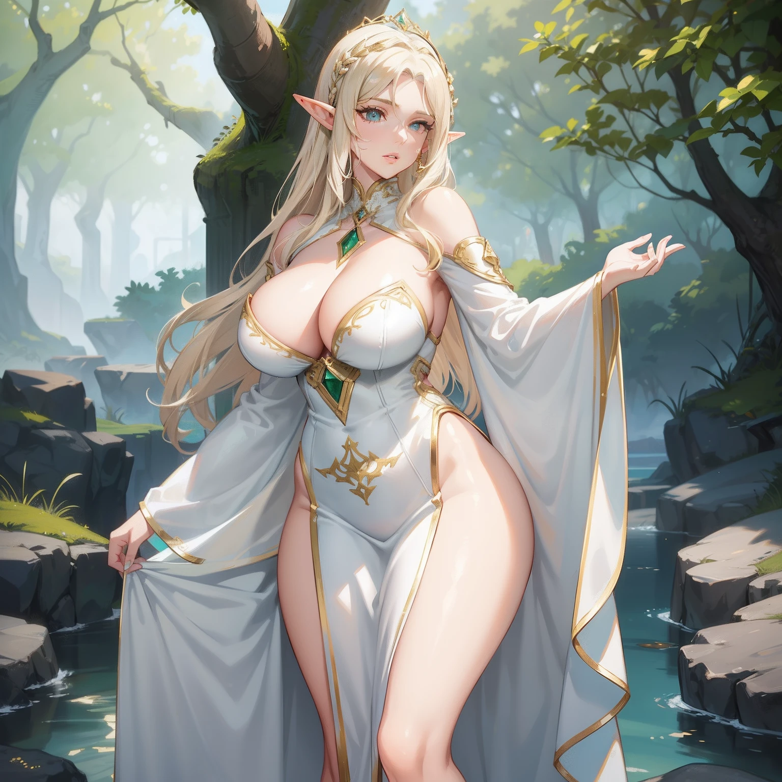 Mature Female Elf, milf, voluptuous figure, white off-shoulder dress, brown leather boots, pointed ears, 165cm, G-cup, wavy blonde hair, emerald eyes, fair skin, solo focus, (masterpiece), best quality, perfect face, detailed eyes, detailed face, detailed lips, ulta hd, detailed rendering, standing, 1girl