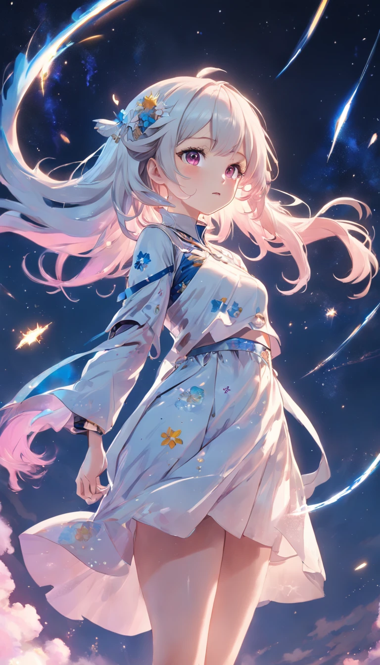 Dynamic Angle, ((Pose all over the body:1.5), (Colorful:1.2), (Extremely detailed CG Unity 16k wallpaper:1.1), (Noise Removal Strength: 1.45), (tmasterpiece:1.37), ((offcial art)), (Colorful:1.2), (Bare shoulders:0.85), ((terrazzo, Starry sky, (( 8K wallpaper)), Starry background, Ultra detailed, Beautiful and aesthetic, Beautiful, ultraclear, Best quality)), 1girll, (in clouds of smoke:1.1), (Dynamic smoke is everywhere:1.4), (1 Chinese pattern in the middle of the girl's forehead), A girl with a weak temperament, (epic cinematic), Soft natural light, rim-light, Absurd, Amazing, Funny, Etricate, ultra - detailed, Pink flowers, White, Pink flowers, Full-body image, Shen Lixin, ((Lace-up thigh boots)), full bodyesbian, Blunt bangs, a white long skirt,Printed with purple flowers and a blue veil adorned coat, (( brownfootwear)), White long sleeves, cross-laced footwear, side locks, Pale yellow hat, White pantyhose printed with red, yellow and blue flowers, Ayaka Kamisato, (Besis heroin), Slim, Ul, pastelcolor, god light, Sparkle, Glowing light, ((Masterpiece)), ((Best quality)), Masterpiece, Best quality, hyper HD, Award-Awarded