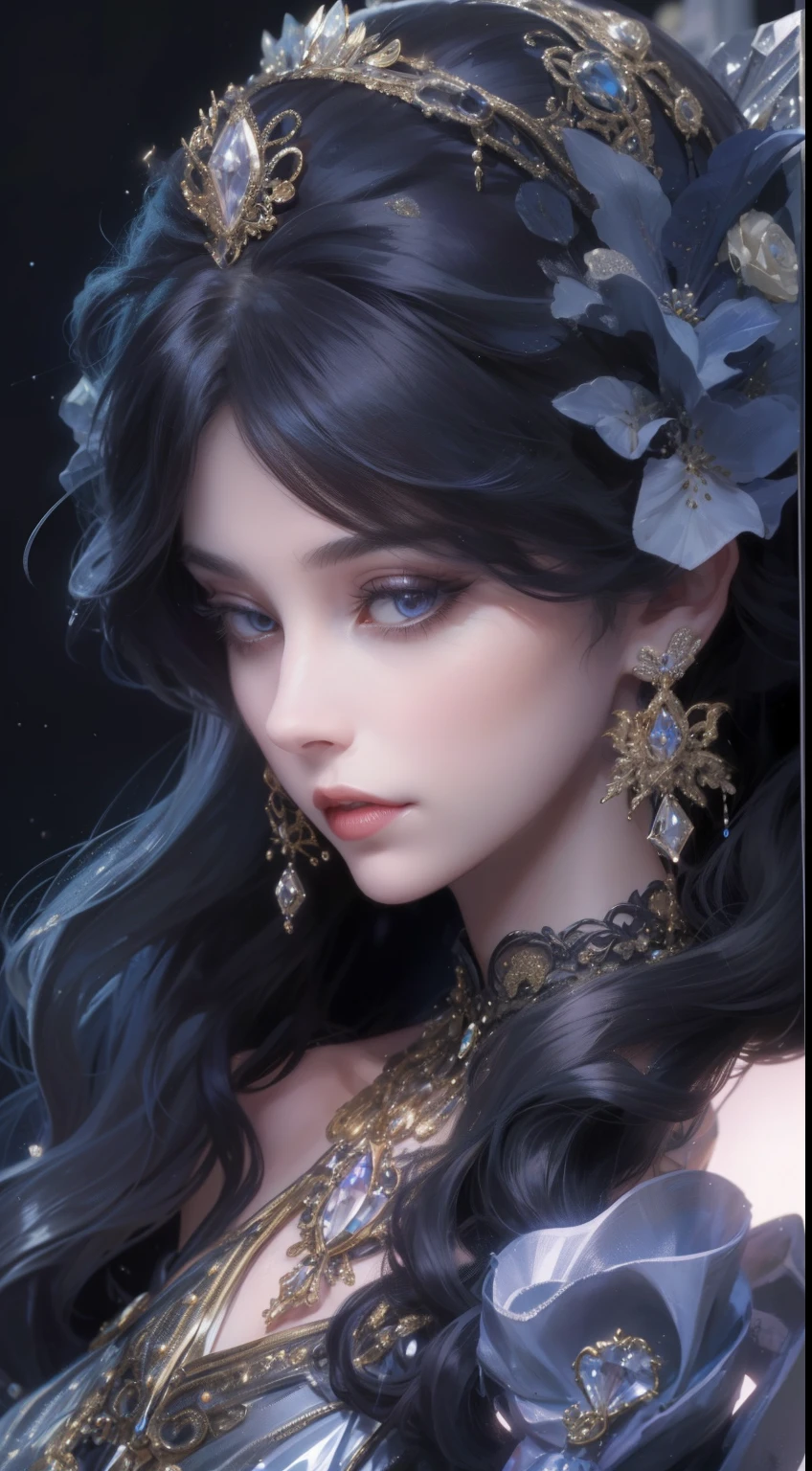 tmasterpiece,Highest high resolution,Dynamic bust of beautiful aristocratic maiden,Jet black hair is elegantly coiled,Purple clear eyes,The hair is covered with beautiful and delicate floral craftsmanship, Crystal jewelry filigree,Ultra-detailed details,upscaled。