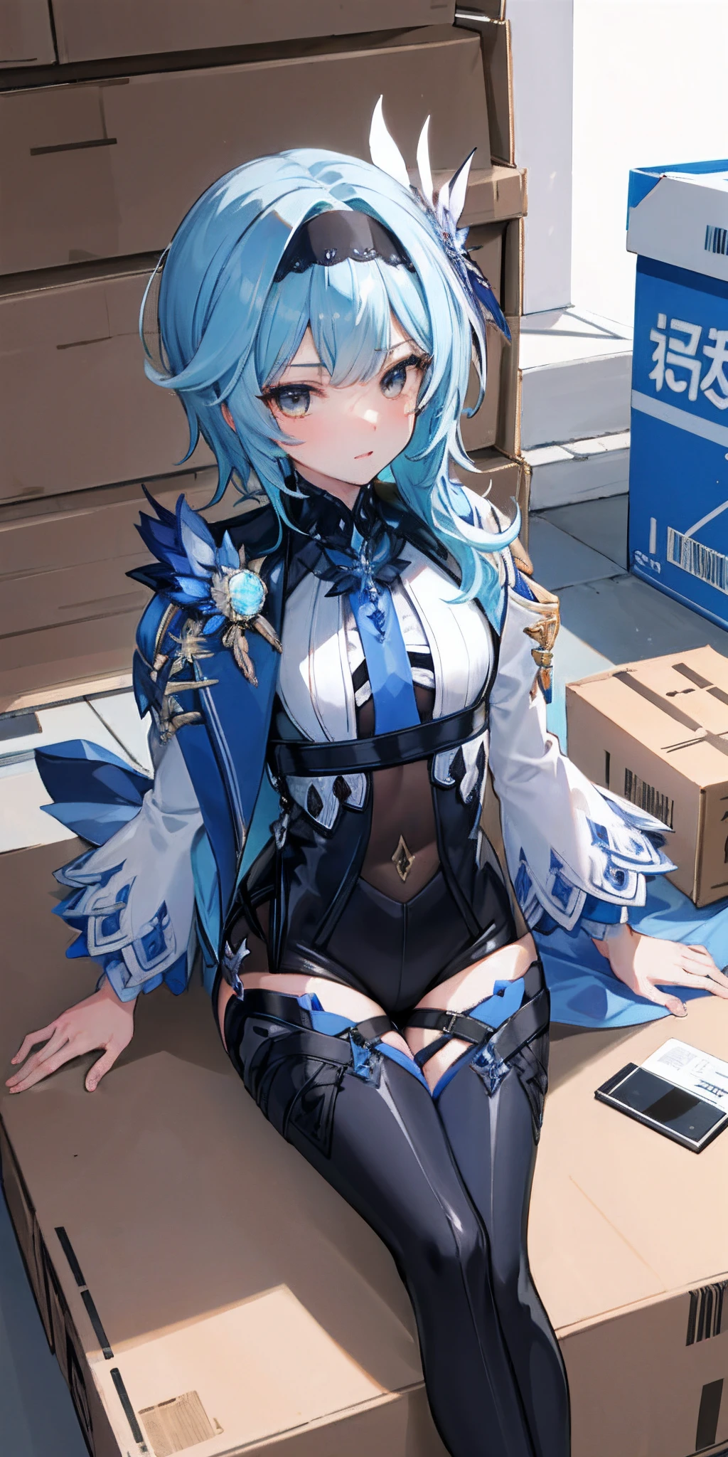 （tmasterpiece，top-quality，best qualityer，offcial art，Beauty and aesthetics：1.2），（8K，best qualtiy，tmasterpiece：1.2），There was a woman sitting in a box full of money and diameters，The facial expressions are so sexy and seductive，The color of the box is blue，What's in the box is Primo Jim Shin Shin Shock，Open your smiling mouth， sad expressions，（（（lie inside the Cardboard box））），small Cardboard box，a view of back（lying on side inside the box）