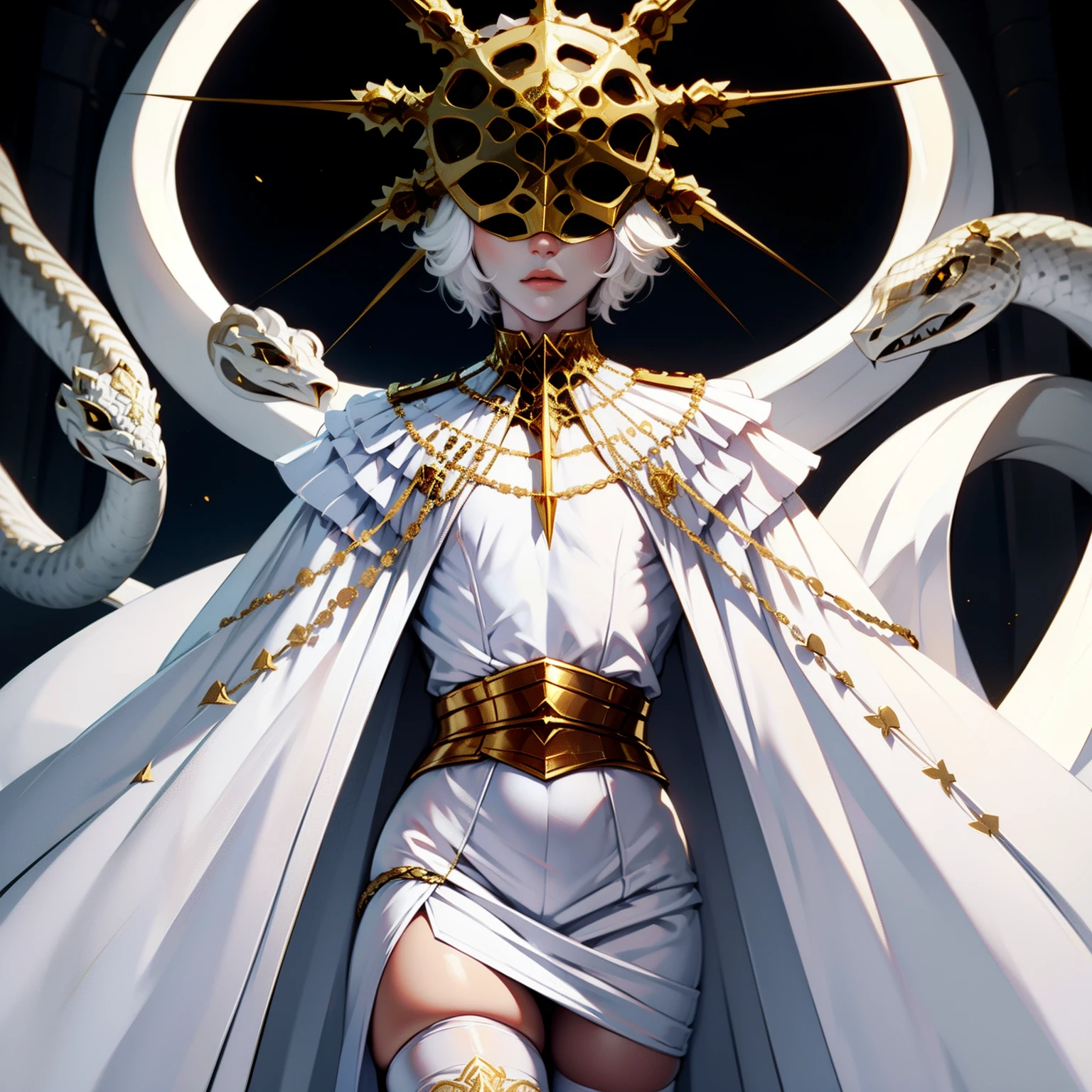 Gywndolin, white hair, androgynous, 1boy, male, femboy, flat-chested, GwyRob, white thighhighs, gold mask, covered eyes, gold jewelry, white elbow gloves, white dress, snakes, perfect anatomy, solo