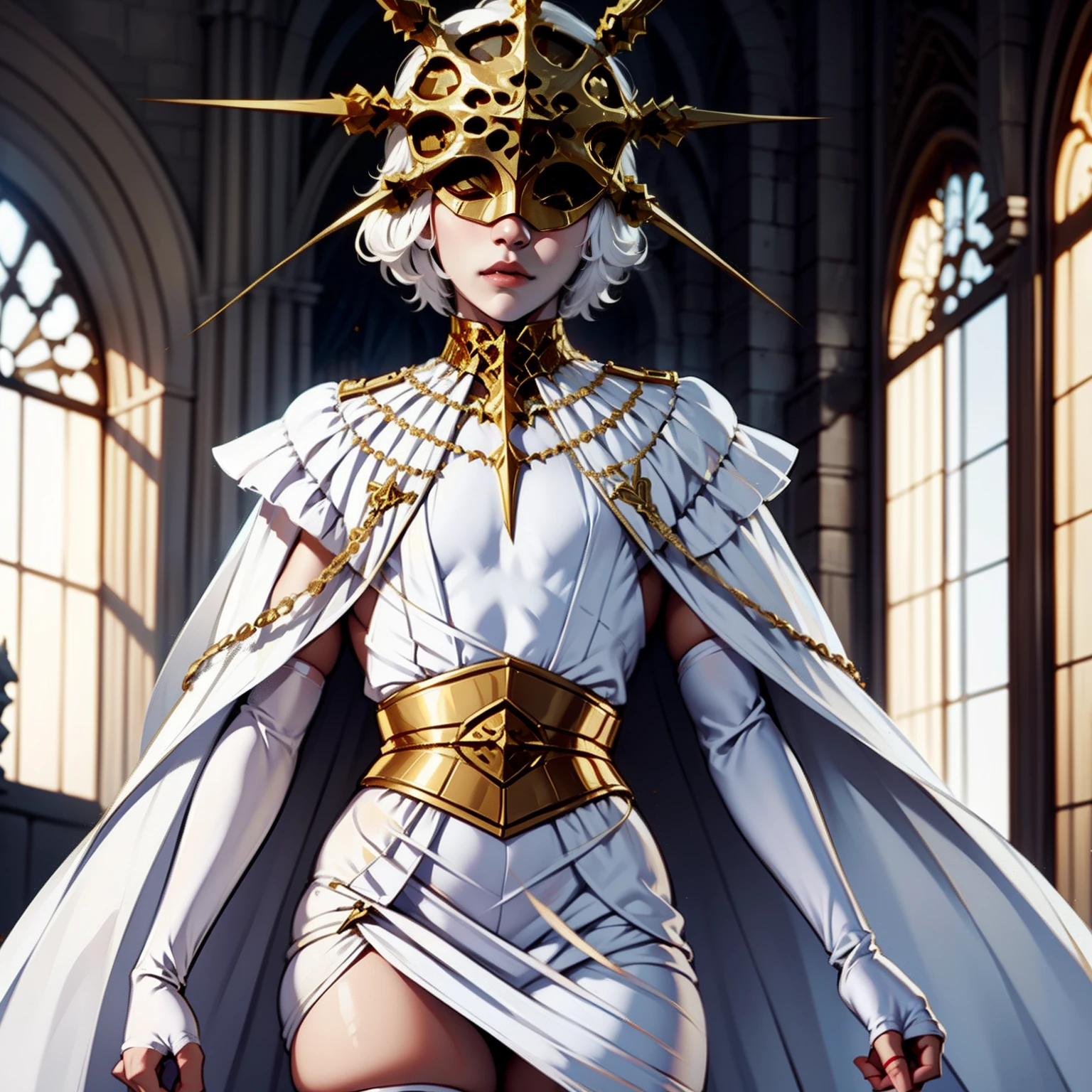 Gywndolin, white hair, androgynous, 1boy, male, femboy, flat-chested, GwyRob, white thighhighs, gold mask, covered eyes, gold jewelry, white elbow gloves, white dress, snakes, perfect anatomy, solo