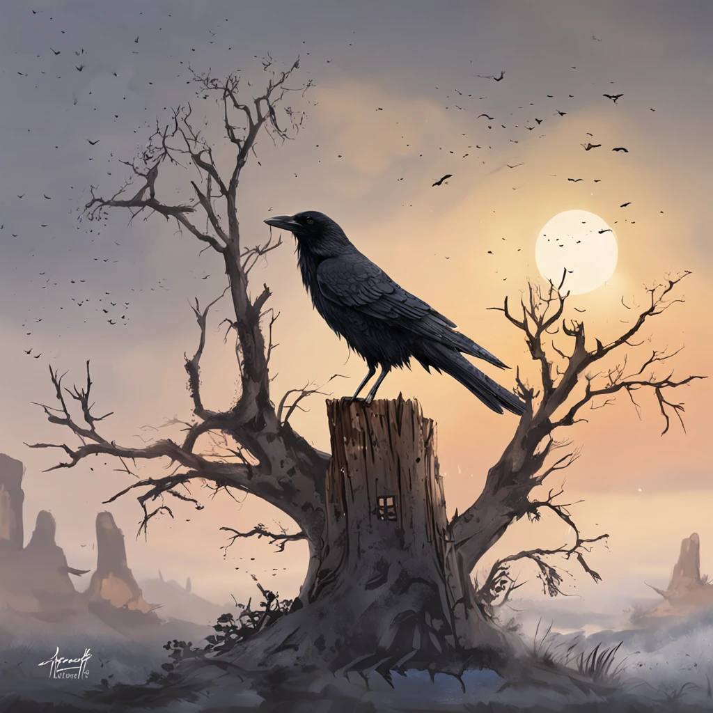 A crow on a dead tree, The crow is rich in detail and realistic，Shaped like a walker's shadow, There is a rabbit under the tree，He was looking at the crow with his head held high，Starry night, Thick fog on the ground, Blue light on the horizon, Unreal Engine5, Cinematic, low angle photo, Motion blur, depth of fields, Dust, Pebbles and soil. Splash Art, dripping paint. Perfect color grading. Carel Appel and Jeremy Mann's influence, Many dramatic and threatening scenes, ultra - detailed, Beautiful, insanely details, Intricate details, editorial photography, shot with a 50mm lens, depth of fields, Tilt Blur, Shutter speed 1/1000, f/22. Lightmaps, Super bright