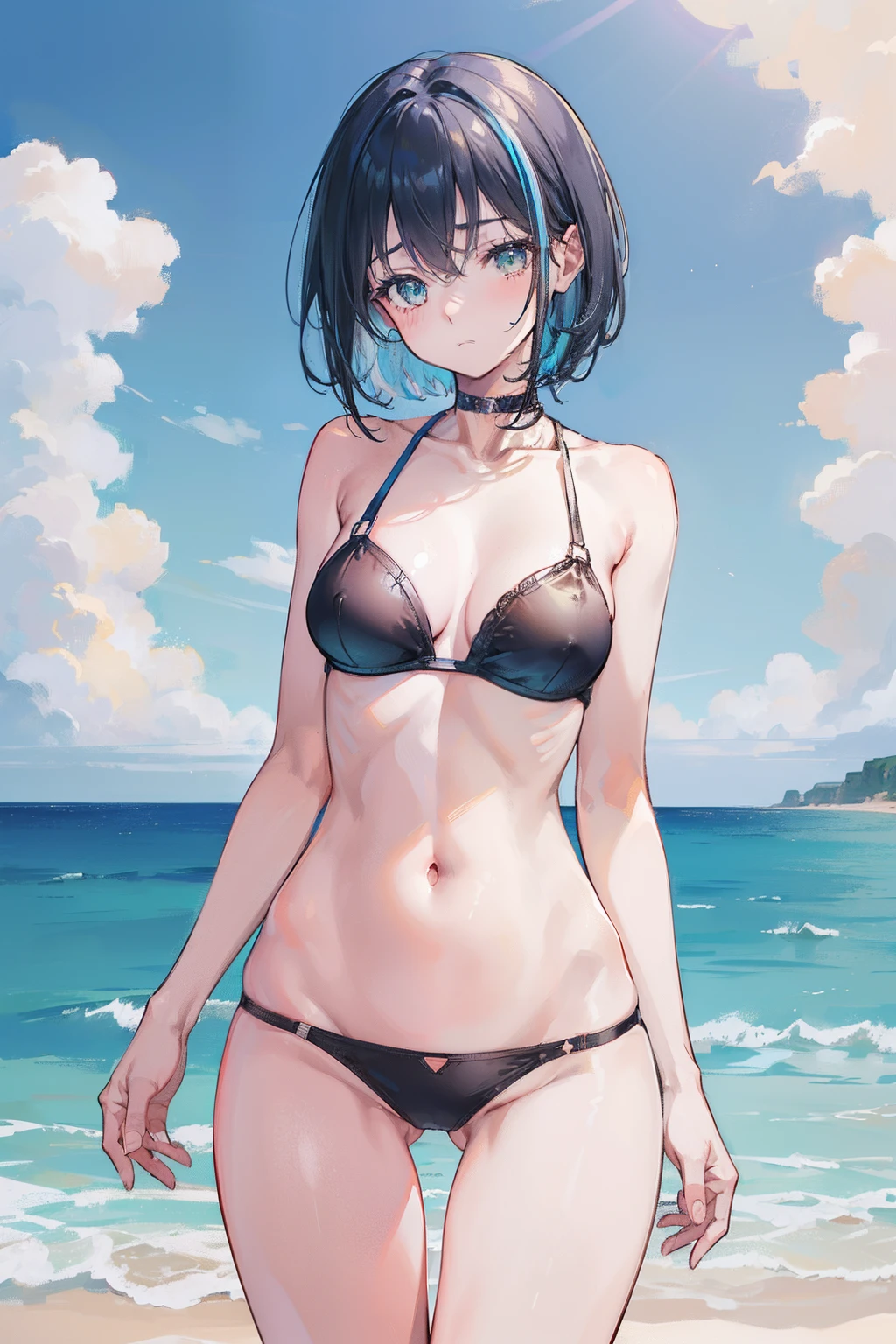 ((straight-on:1.2)),((cowboy shot:1.5)), standing, 1girl, (()),((completely )), , breasts, ((narrow waist)), wide hips, hip bones, ((groin)), ((thigh gap)),lustrous skin, hip bones, groin, solo, looking at viewer, blush, short hair, black hair, green eyes, navel, medium breasts, breasts apart, closed mouth, , standing, collarbone, , cowboy shot, outdoors, uncensored, sky, , day, cloud, water, stomach, blue sky, streaked hair, completely , ocean, frown, beach, arms behind back, sunlight,
masterpiece, best quality, absurdres, ((Best Quality)), (Ultra-detailed), ((Extremely detailed)), 4K, (8K),(Beautiful), Illustration